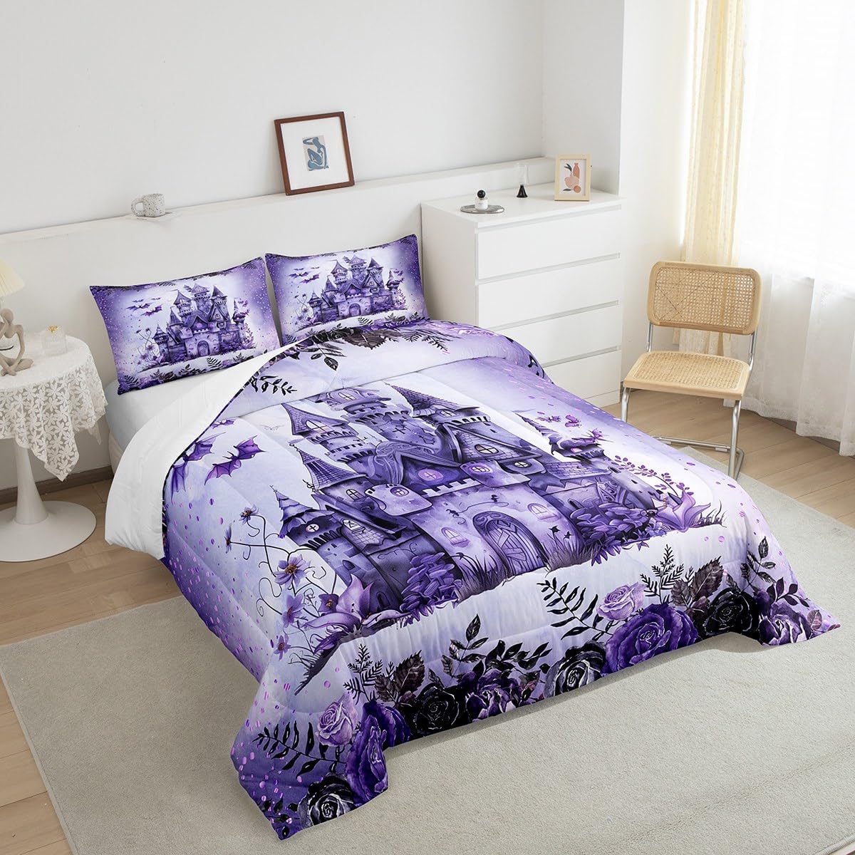 Purple Castle Bat Boys Girls Comforter Set Full Size,Kids Halloween Theme Duvet Set Teens Bedroom Decor,Gothic Purple Flower Plant Microfiber Soft Bedding