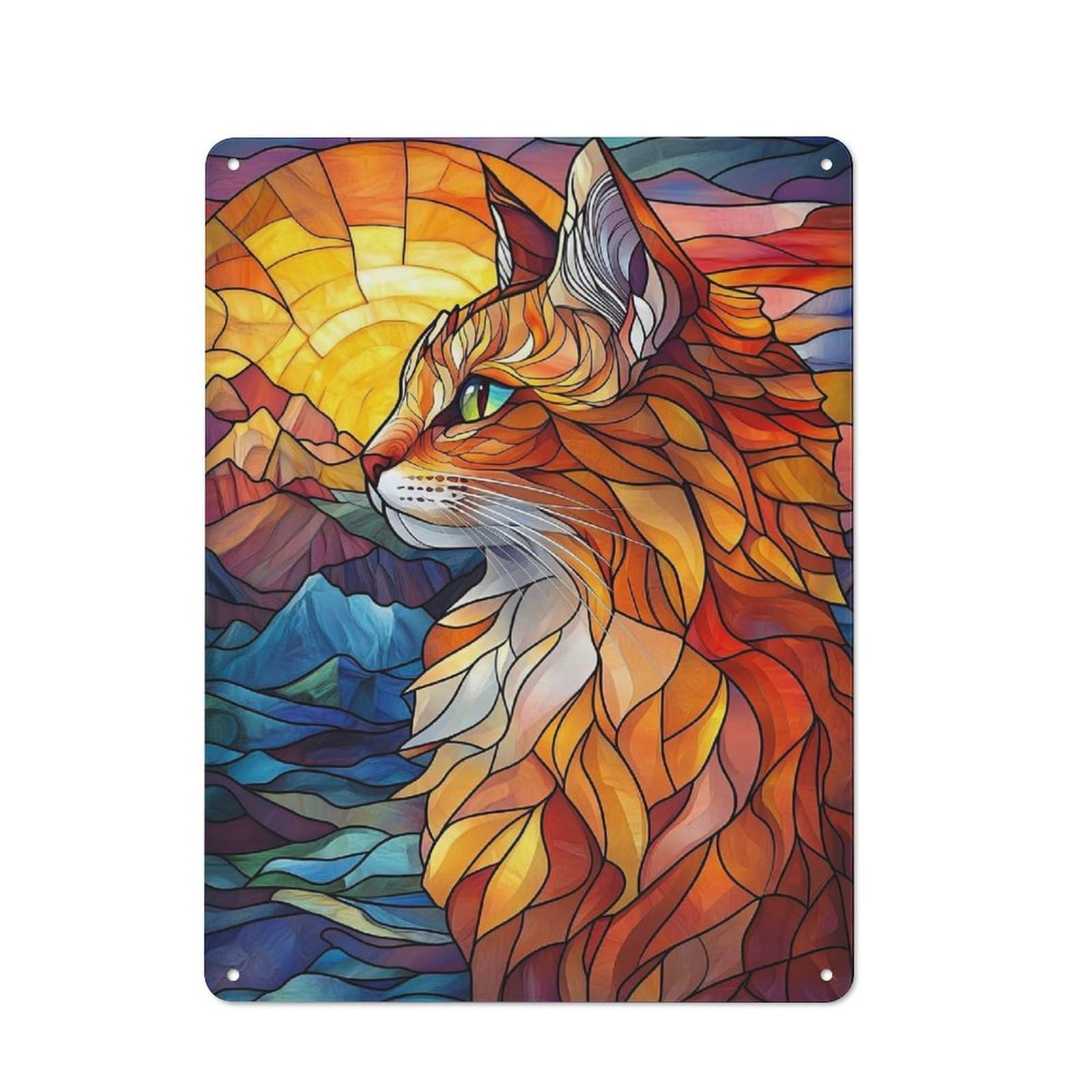 Junmoney Stained Glass Cat Workshop Style Metal Wall Decor 40X30cm, Decorative Metal Plaque For Garage, Workshop, Shed Or Utility Room