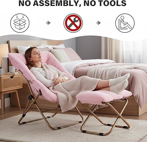 Miniatura 9 de Tiita Silla plegable con otomana recta, silla plegable de gran tamaño de piel sintética suave, silla perezosa, silla de luna con marco de metal para