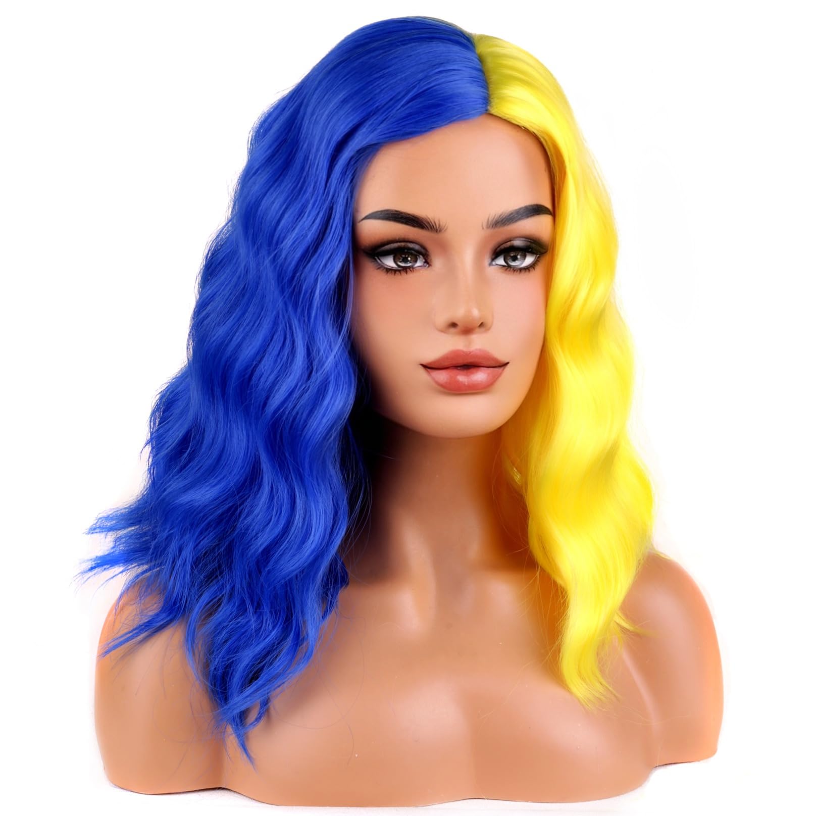BERON Gelbe und blaue kurze gewellte Perücke für Damen und Mädchen, schulterlang, gelockt, gewellt, zweifarbig, hitzebeständig, synthetisch, Halloween, Kostüm, Cosplay, Alltag, Party