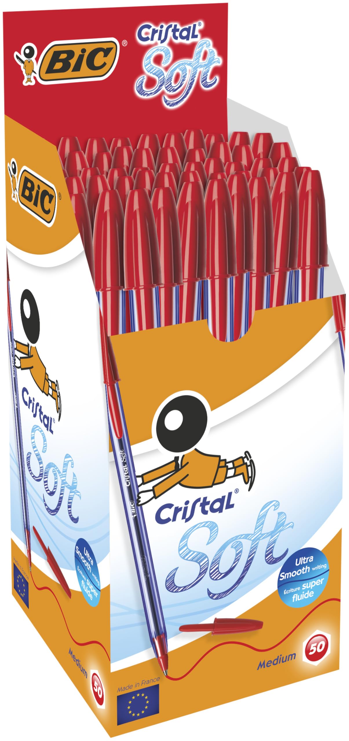 BIC Cristal Soft Tükenmez Kalem, Kırmızı, 50'li Kutu, 1.2 mm Orta Kalınlıkta Uç, Şeffaf Gövde, Delikli Kapak