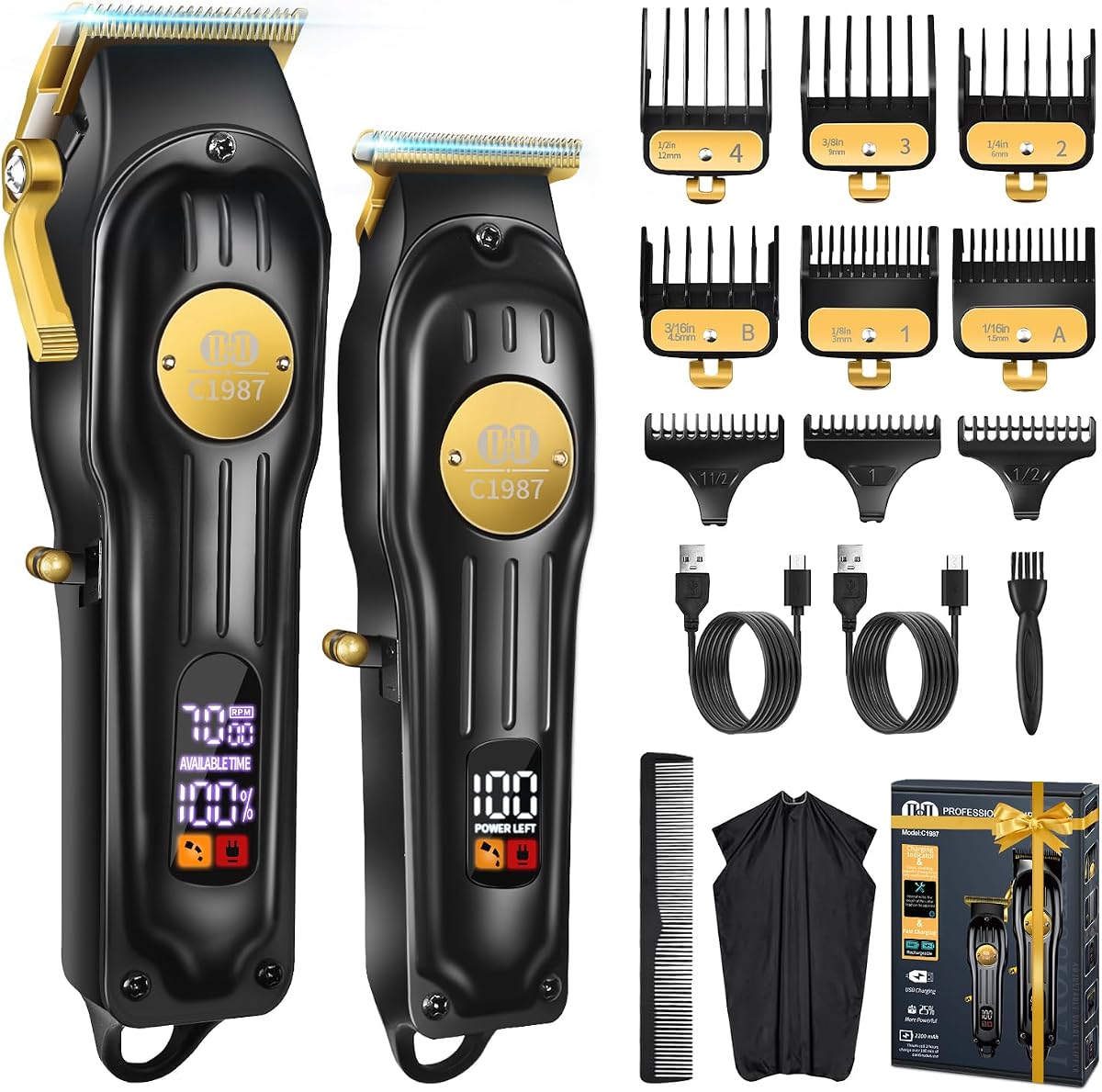 CIICII Mens Hair Clippers and Trimmers Set, Cordless Barber Haircut Kit | Professional Clippers for Hair Cutting Kit, Rechargeable USB Adjustable Beard & Hair Trimmer for Men DIY Home Salon (Black)