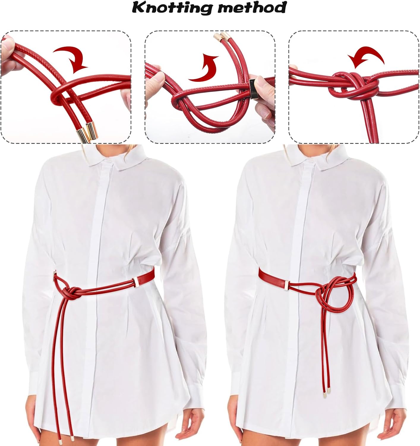 PU Leather Skinny Belts for Women Knotted Thin Waist Belt for Dresses - Image 3