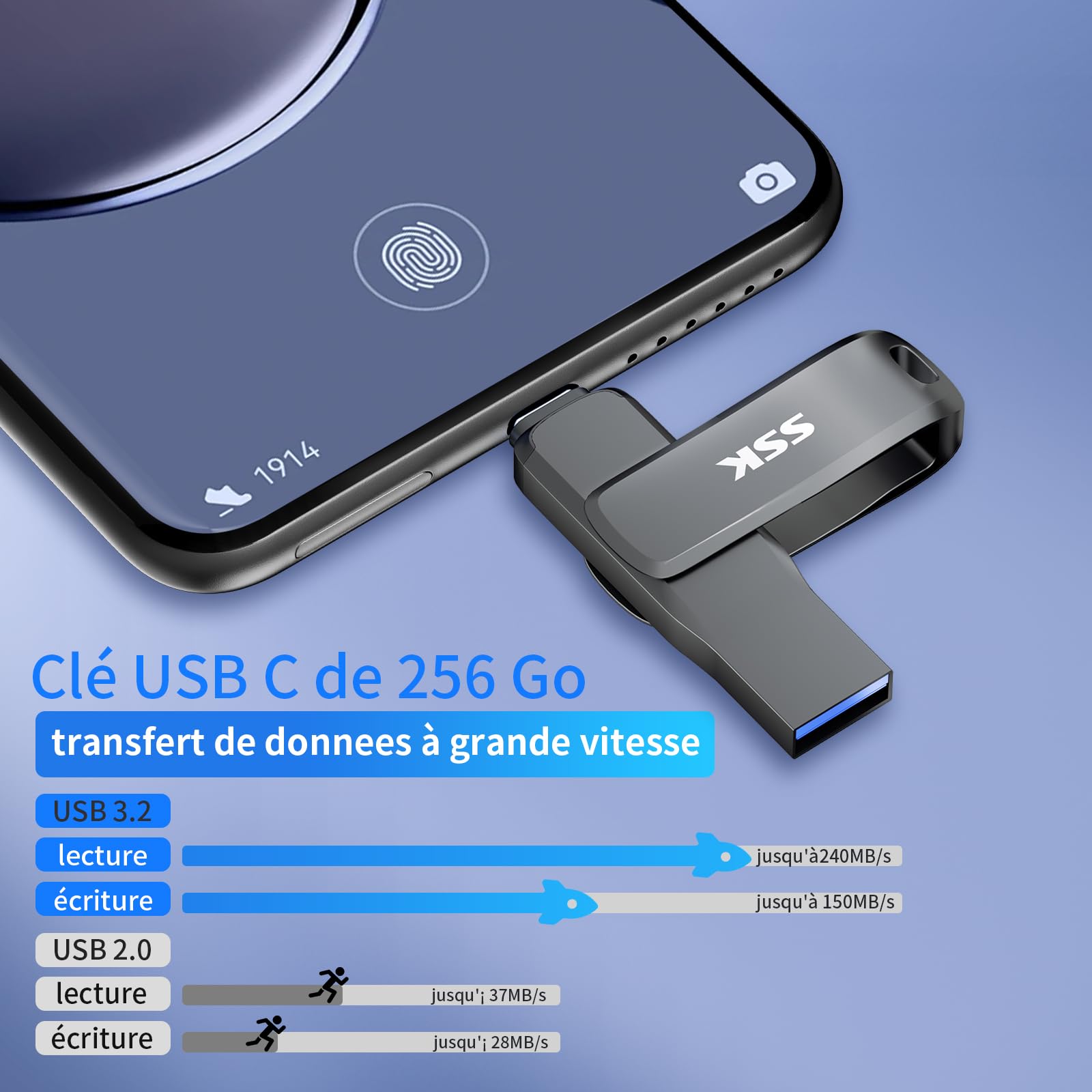 SSK Cle USB 3.2 256 Go, Vitesse de Lecture jusqu'à 200MB/S, clé USB Double avec Type C et USBA,Clef-USB Robuste en métal Noir pour Smartphone, Tablettes, MacOS,iphone 15 Stockage,Voiture,TV