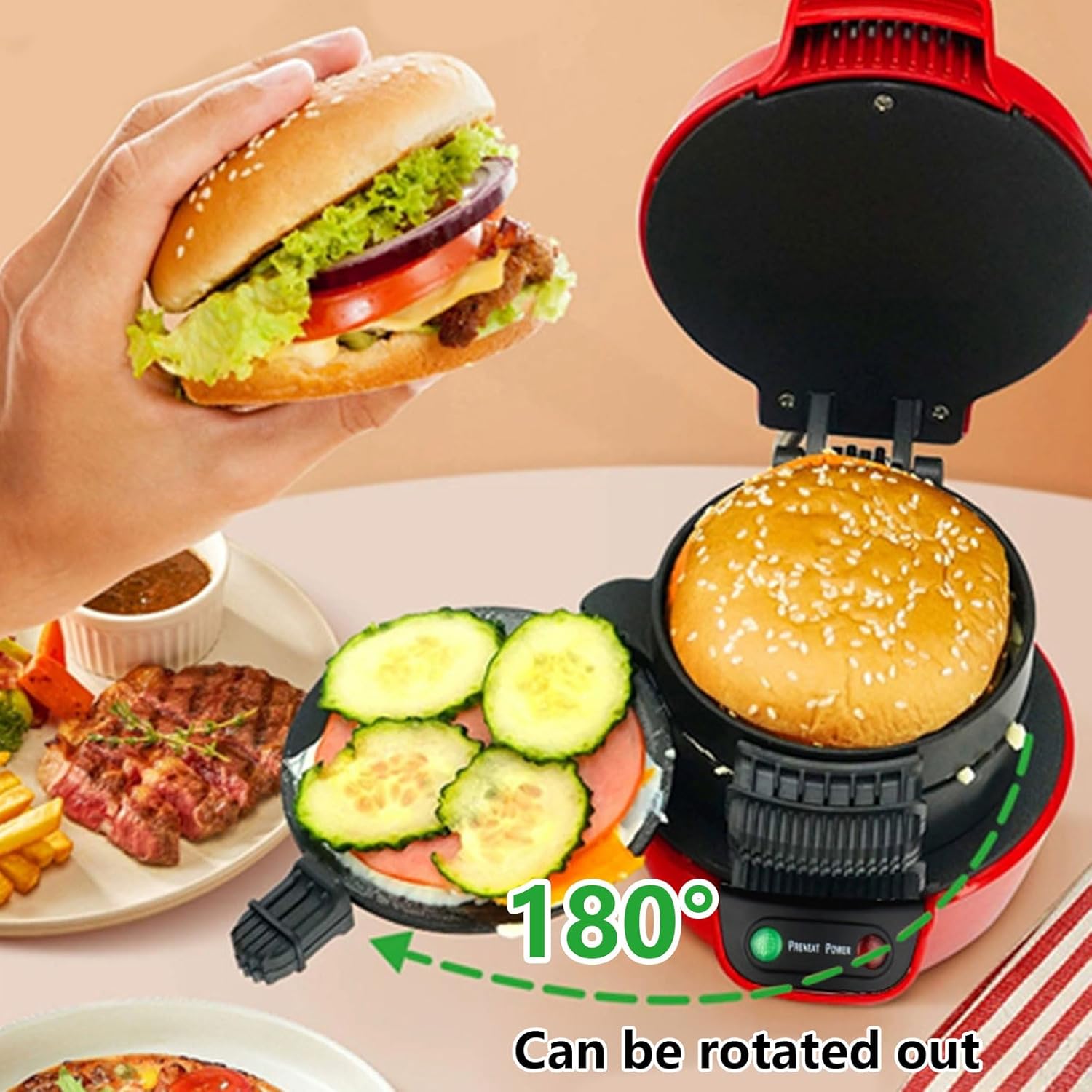 AIZYR Multifunctional Burger Maker Machine,Sandwich Maker Electric Burger Press Patty Maker Breakfast Machine for Hamburger Steak Bacon,Red