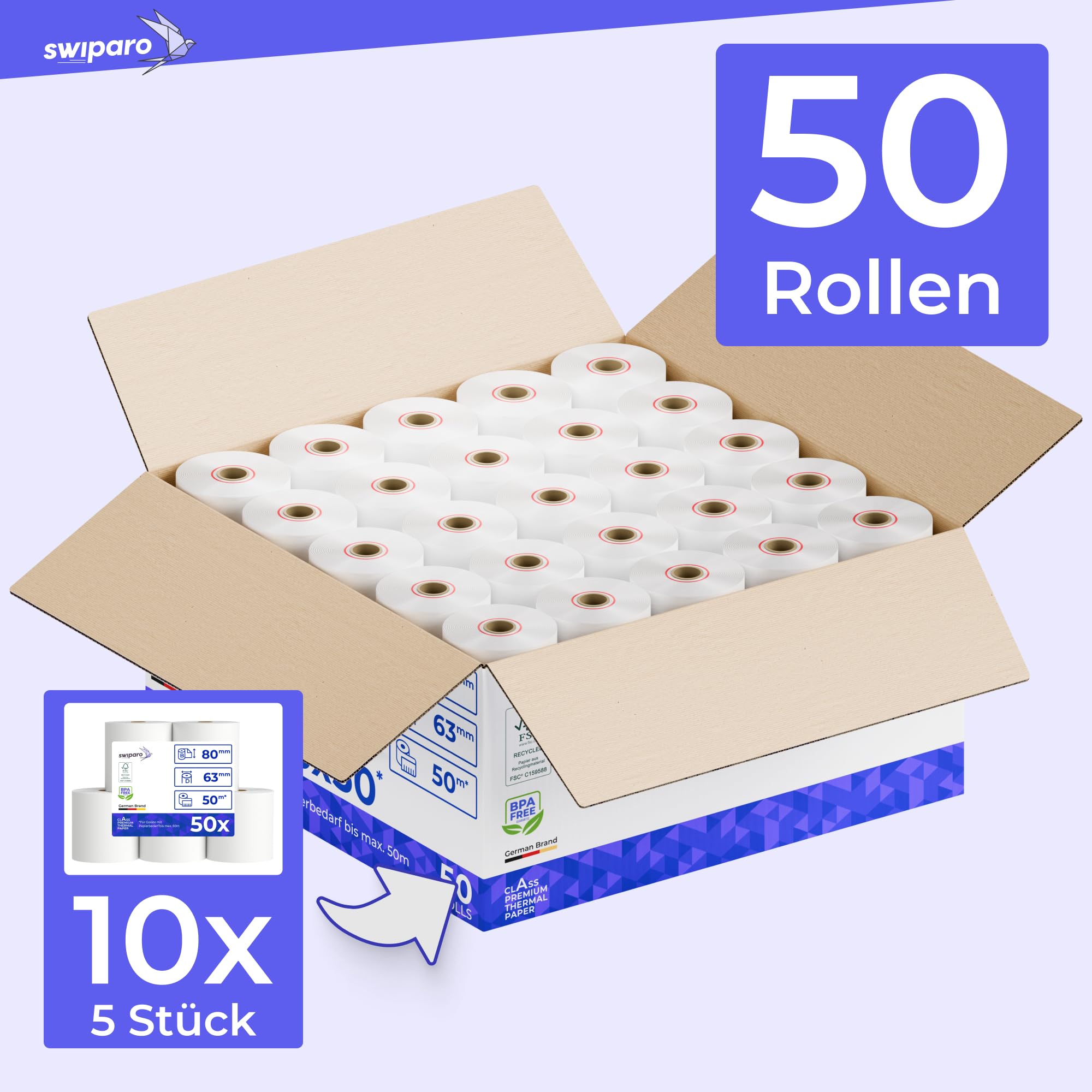 Thermorollen 80mm x 63mm x 12mm [Universell für gängige Kassensysteme] - Kassenrollen 80x63x12 Thermo - Bonrollen Thermopapier - Geeignet für Drucksysteme mit Papierbedarf bis 50m (50 Stk)