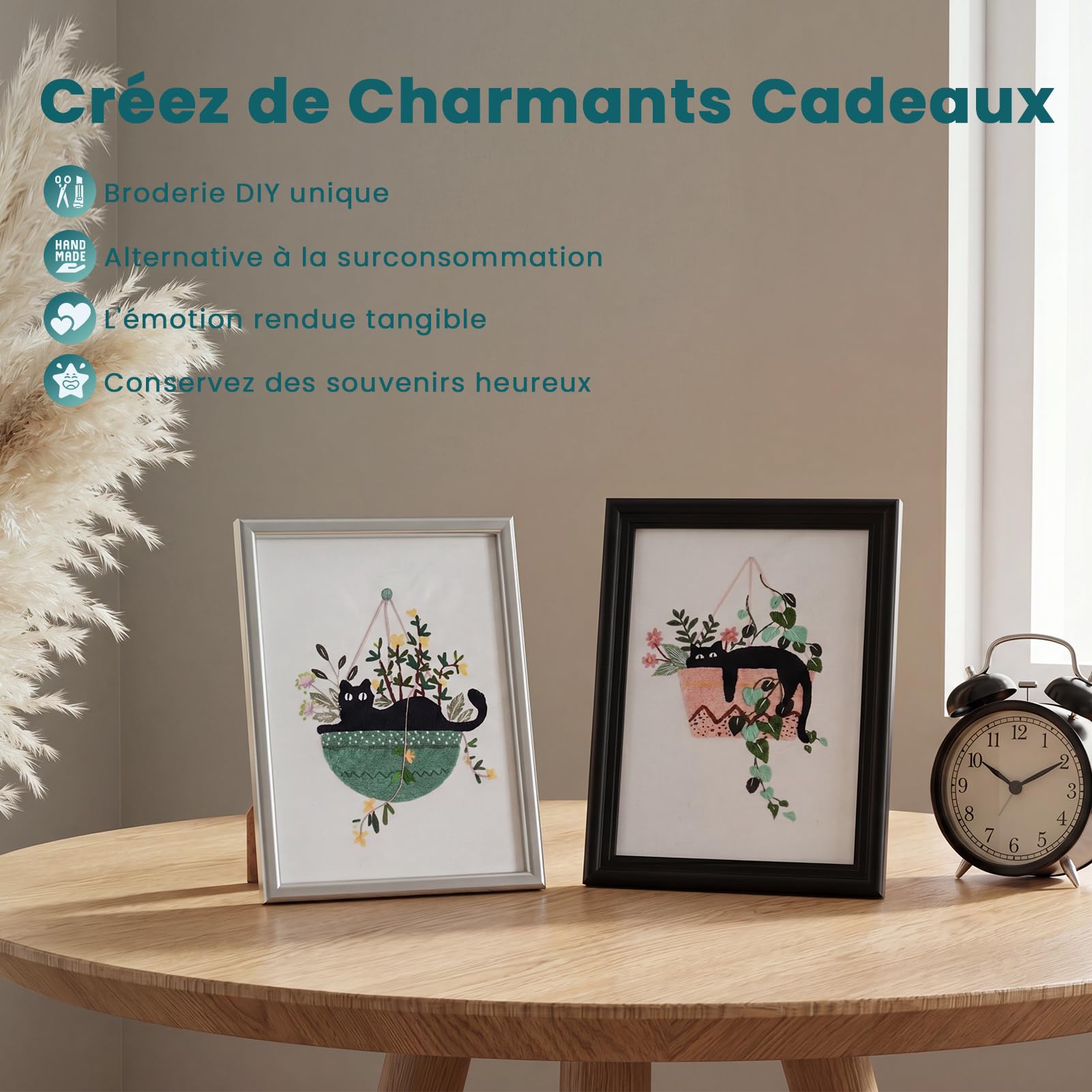 Homwiz Kit Broderie Debutant, 4 Kits de Broderie pour Motifs Floraux et Végétaux, avec 2 Cercles en Bambou Fils Colorés Instructions Aiguille Ciseaux pour Enfants Artisanat DIY (Havre des Chats)