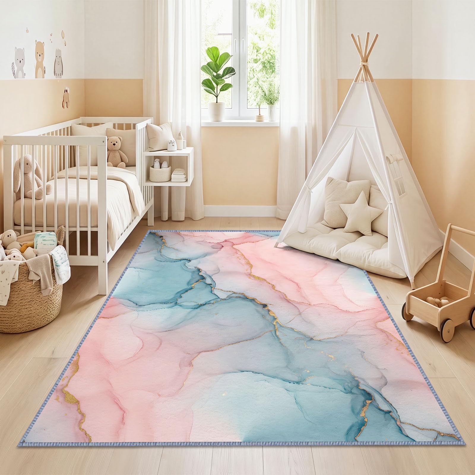 Różowy niebieski marmur onyks tekstura dywan 160 x 230 cm, można prać w