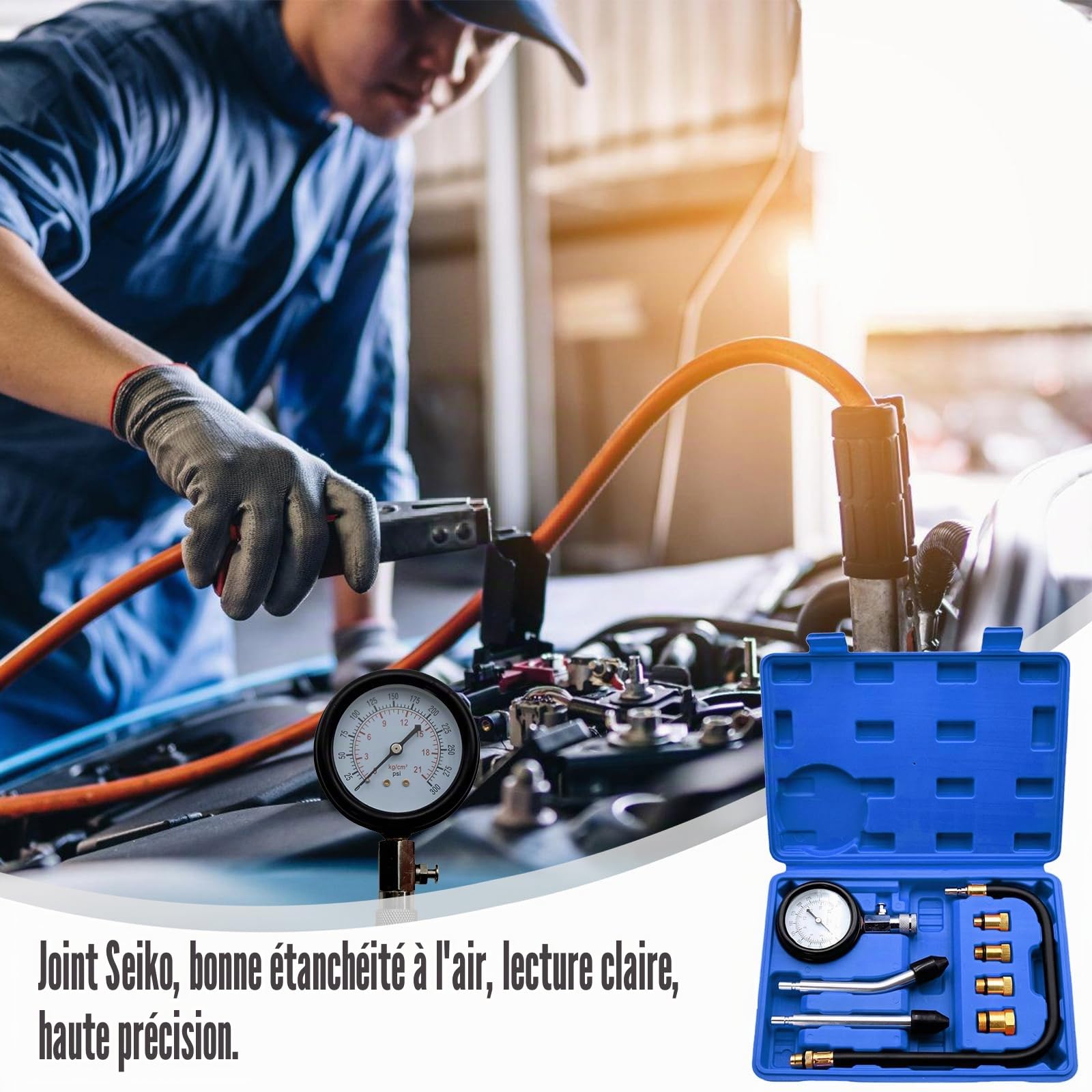 Vaileal Testeur de compression à essence, avec manomètre de bougie d'allumage et 4 adaptateurs, 0-20 bar ou 0-300 psi, testeur de pression M10, M12, M14, M18 pour voiture, camion