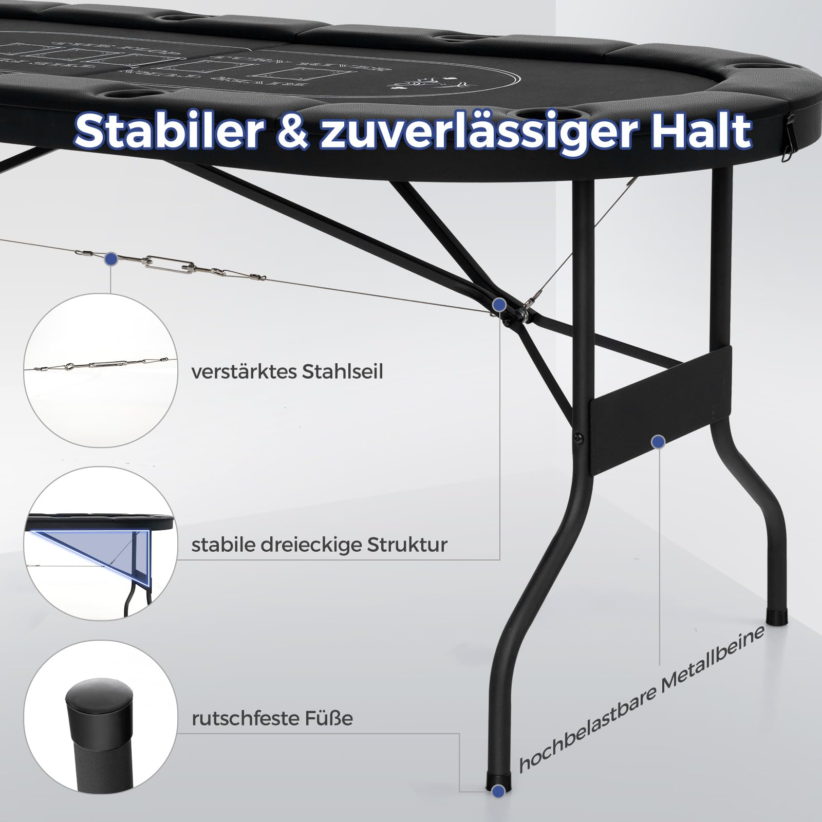 DREAMADE Faltbarer Pokertisch für 8 Spieler, Poker Table mit Getränkehalter, Metall-Rahmen 182 x 82 x 75 cm Schwarz