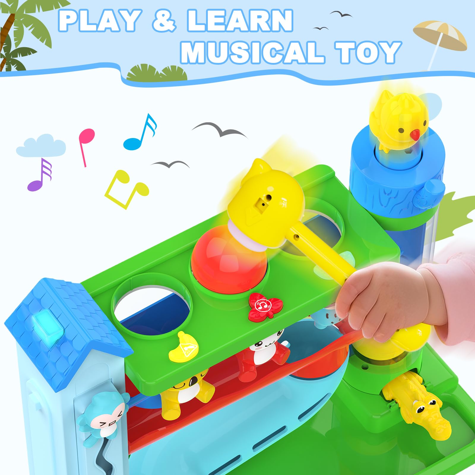 Hammer Montessori - Juguetes musicales interactivos para niños y niñas de 1 a 2 años, juguete educativo STEM con inglés y español, para edades de 6 a 9, 9 a 12, 12 a 18, 18 a 24 meses 2