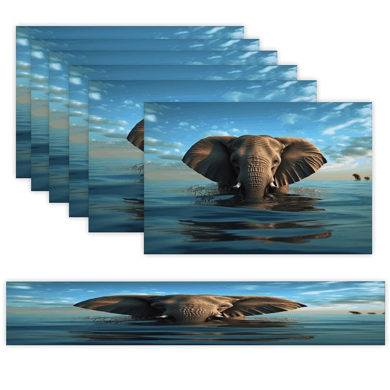 Elephant is Sitting in The Water Table Runner and Placemats Set of 6 for Kitchen Washable Table Mats Heat Resistant Place Mats Non-Slip Place Mat Wipeable Placemat(6 Placemats+1 Table Runner)
