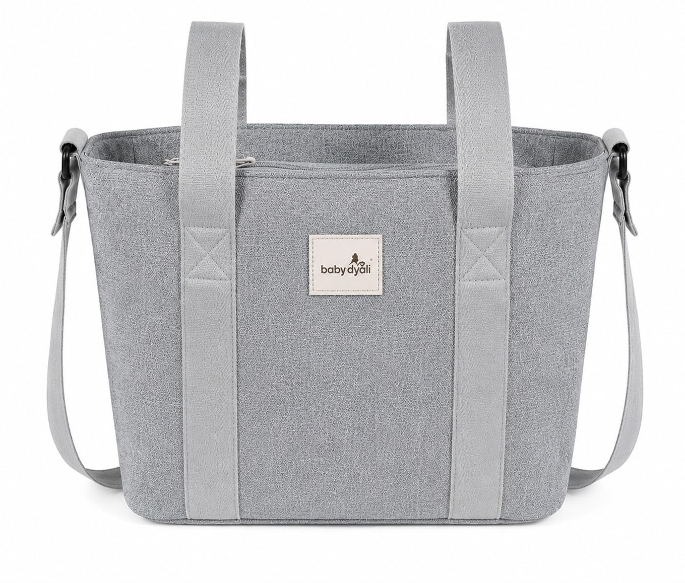 Borsa grande capacità, organizer grigio. Borsa per passeggino. Manici corti per il fissaggio al carrello e lunghi per la spalla.