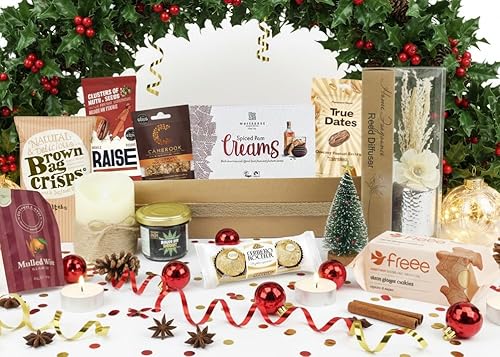 DelightBox Luxury Gourmet Treats with Festive Gift Box, Premium Sweet & Savoury Snacks Cookies Nuts Crisps Chocolates Candle & Diffuser | Perfect Food Gift for Christmas - Ultimate Holiday Hamper