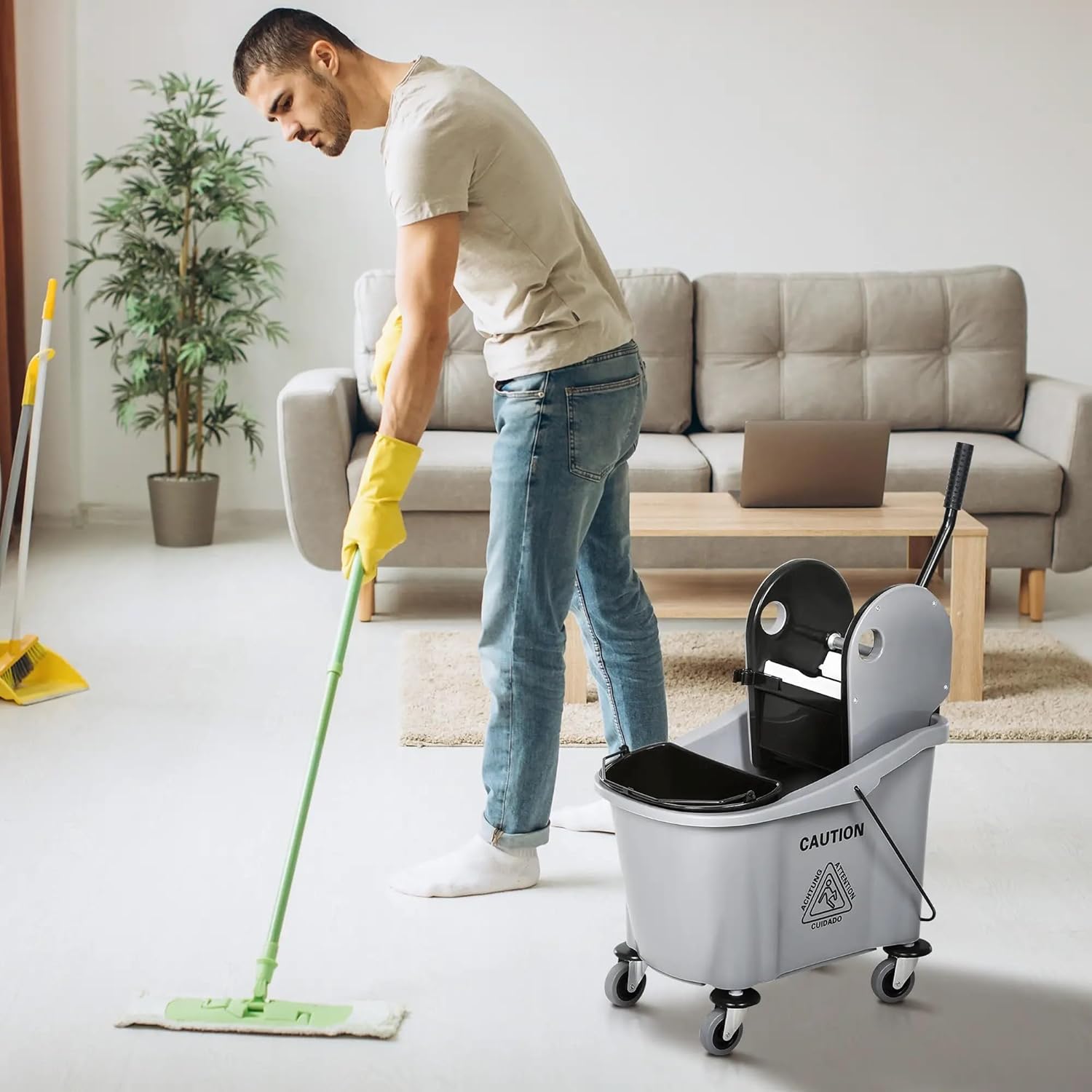38 Quart Mop Bucket with Wringer, Dual Bucket Rolling Cleaning Cart with Wheels, Mop System with Handle Holder, Commercial Floor Cleaning (Gray)