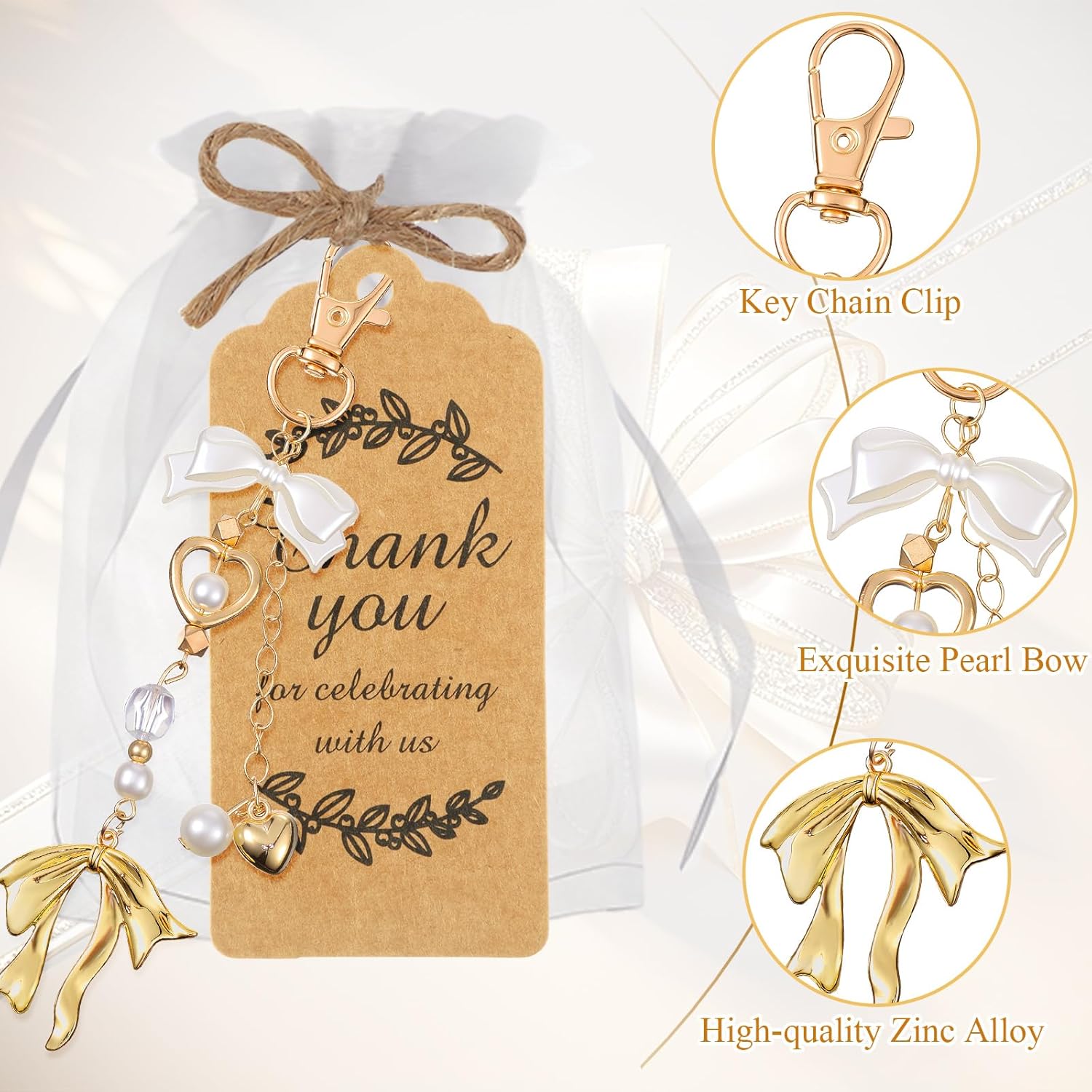 Ecation 20 Set Pearl Bow Keychain Party Favor Bulk Mother's Day Keyring Charm Accessories Present Kraft Tag Organza Bag for Guest Baptism Bridal Shower Graduation Wedding Party Gift(Gold, Novel Bow)