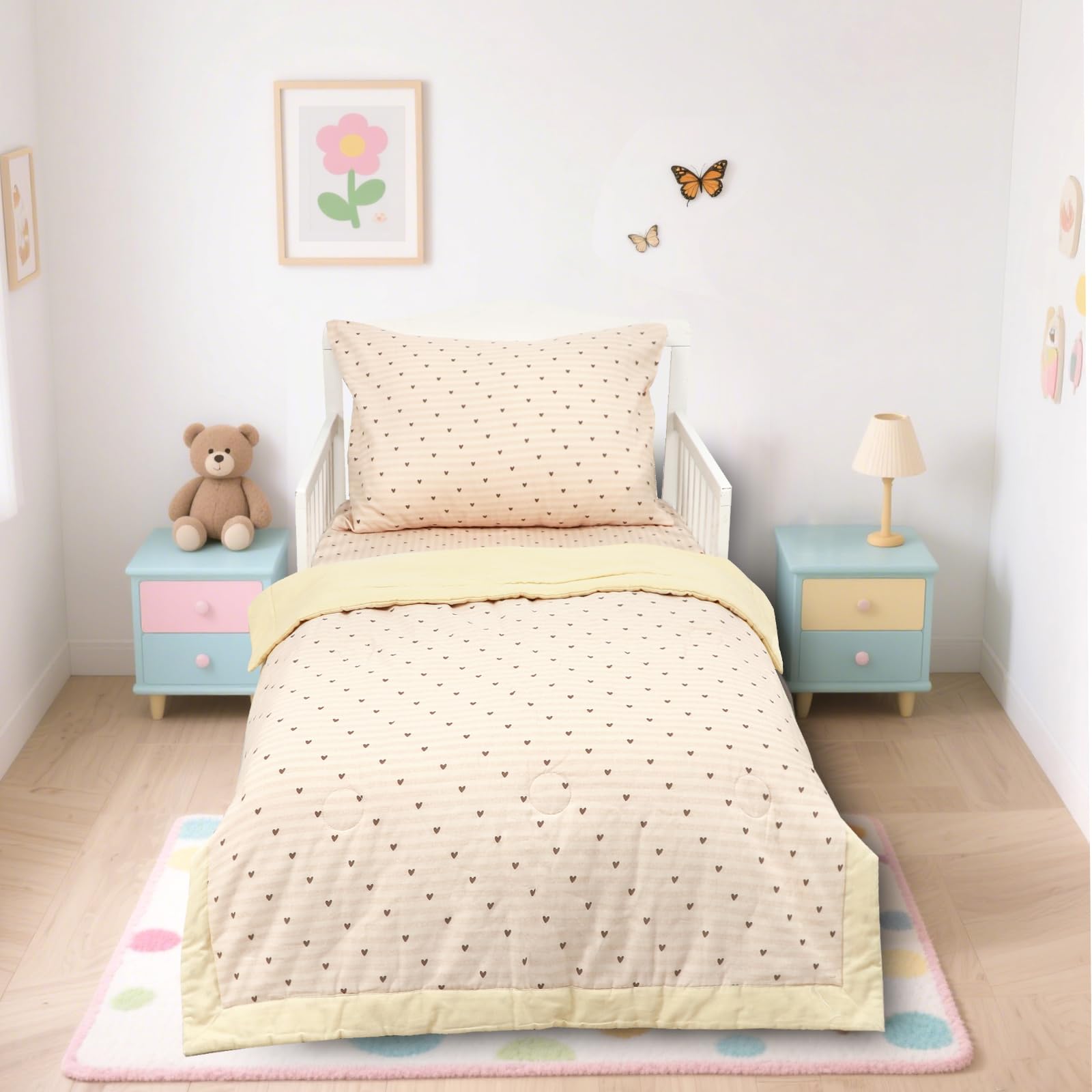 Hooyax Muslin Toddler Bedding Set for Girls - 3 Piece Crib &amp; Kids Bed Set with Fitted Sheet, Quilt and Pillowcase, Breathable &amp; Soft Bedding with Romantic Heart Print
