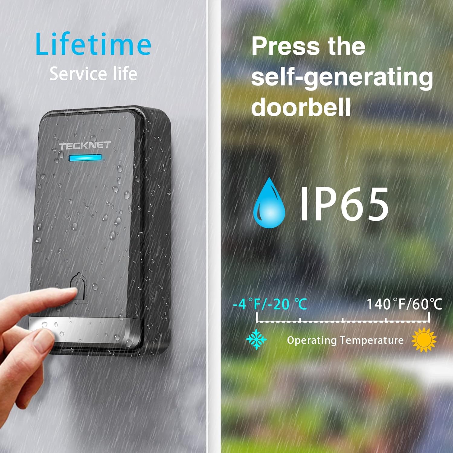 TECKNET Doorbell transmitter with IP65 waterproof rating and operating temperature range