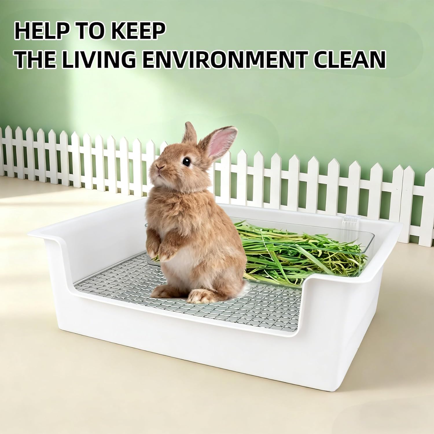 Stainless Steel Gird Rabbit Litter Box, Low Entry Bunny Litter Pan with Hay Feeder & Broom, Corner Potty Tray for Small Animals Rabbits Guinea Pigs Ferrets, 15.4x11.2x4.8 inch (White)