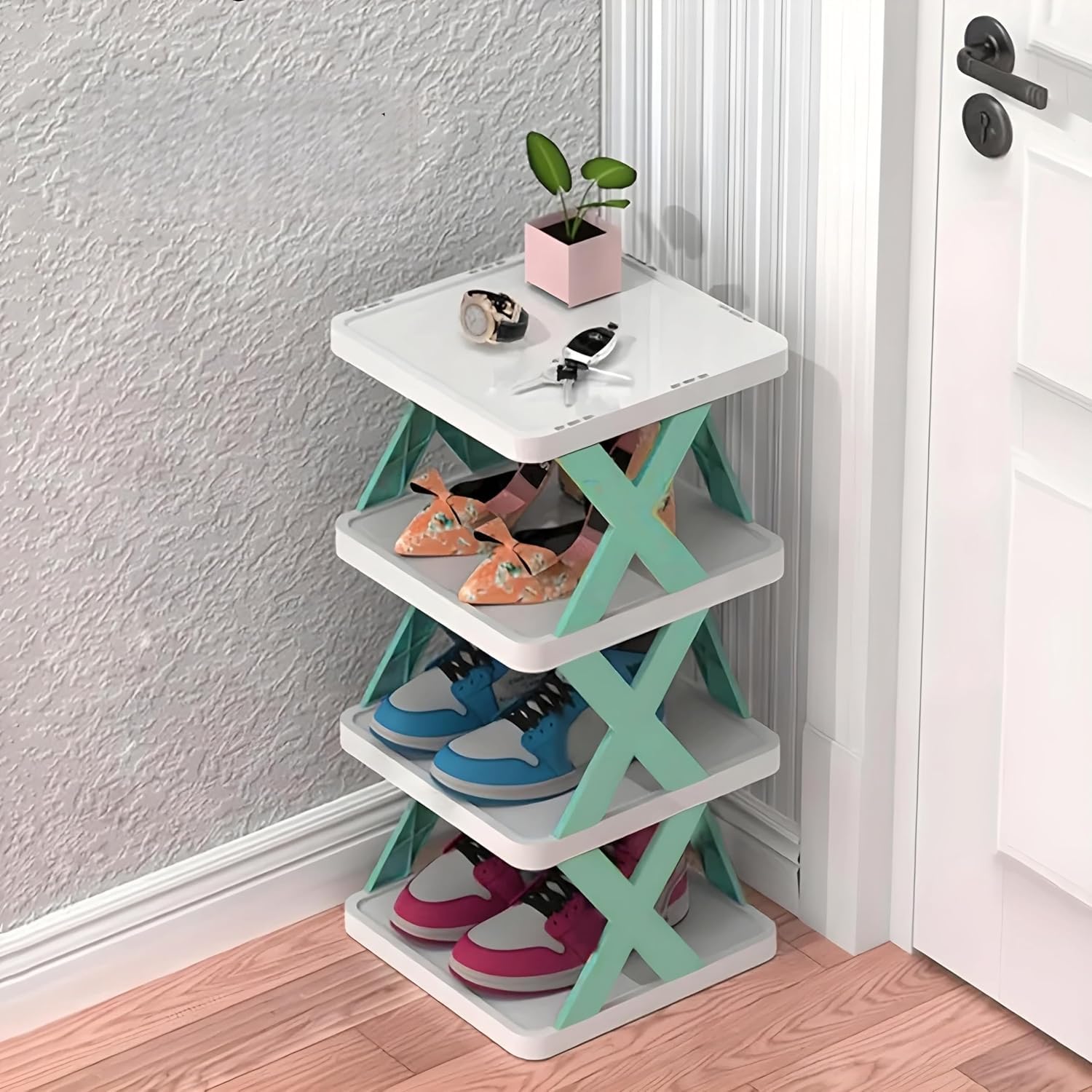 KANDPAND 4 LAYER SHOES STAND, SHOE TOWER RACK SUIT FOR SMALL SPACES, CLOSET, SMALL ENTRYWAY, EASY ASSEMBLY AND STABLE IN STRUCTURE, CORNER STORAGE CABINET FOR SAVING SPACE-image-48