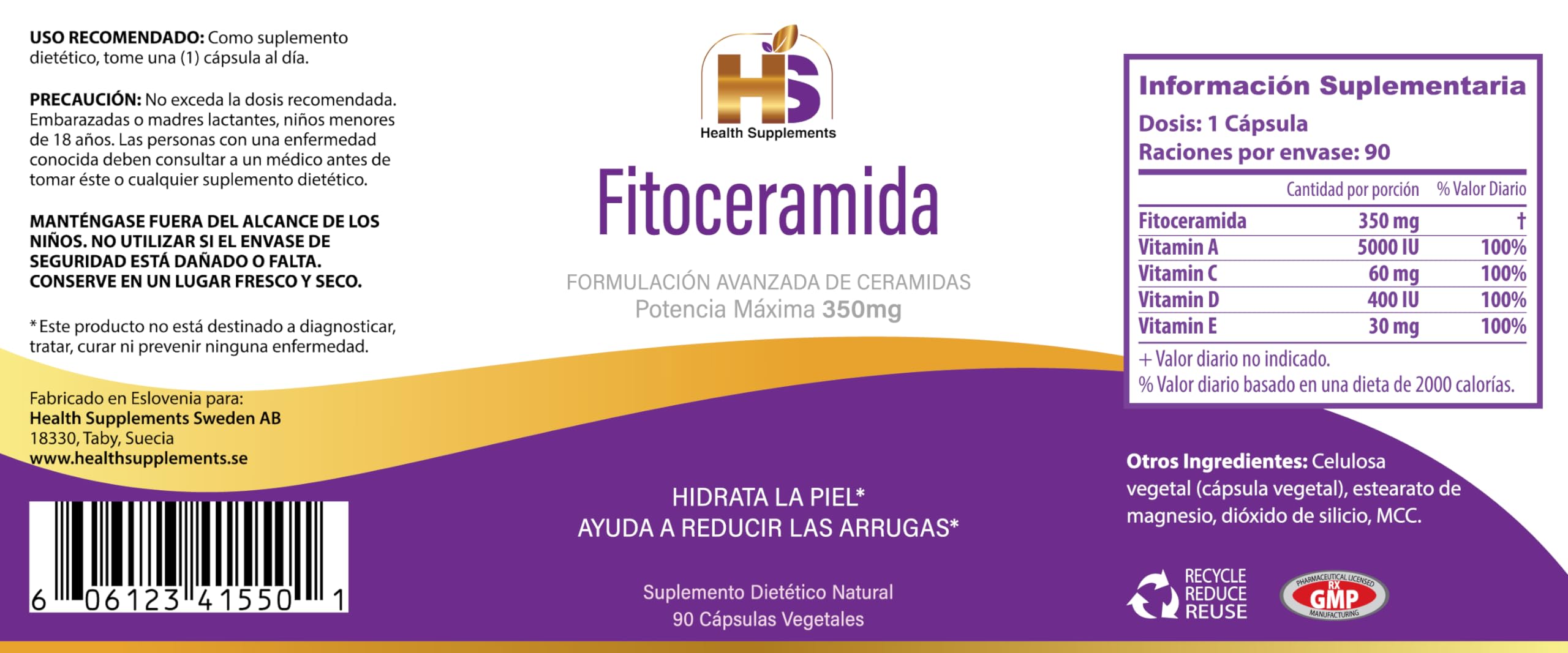 Fitoceramida 350 mg, 90 cápsulas de ceramida de arroz, ayuda a reducir las arrugas e hidratar la piel desde el interior. 100% natural, libre de OGM, sin gluten