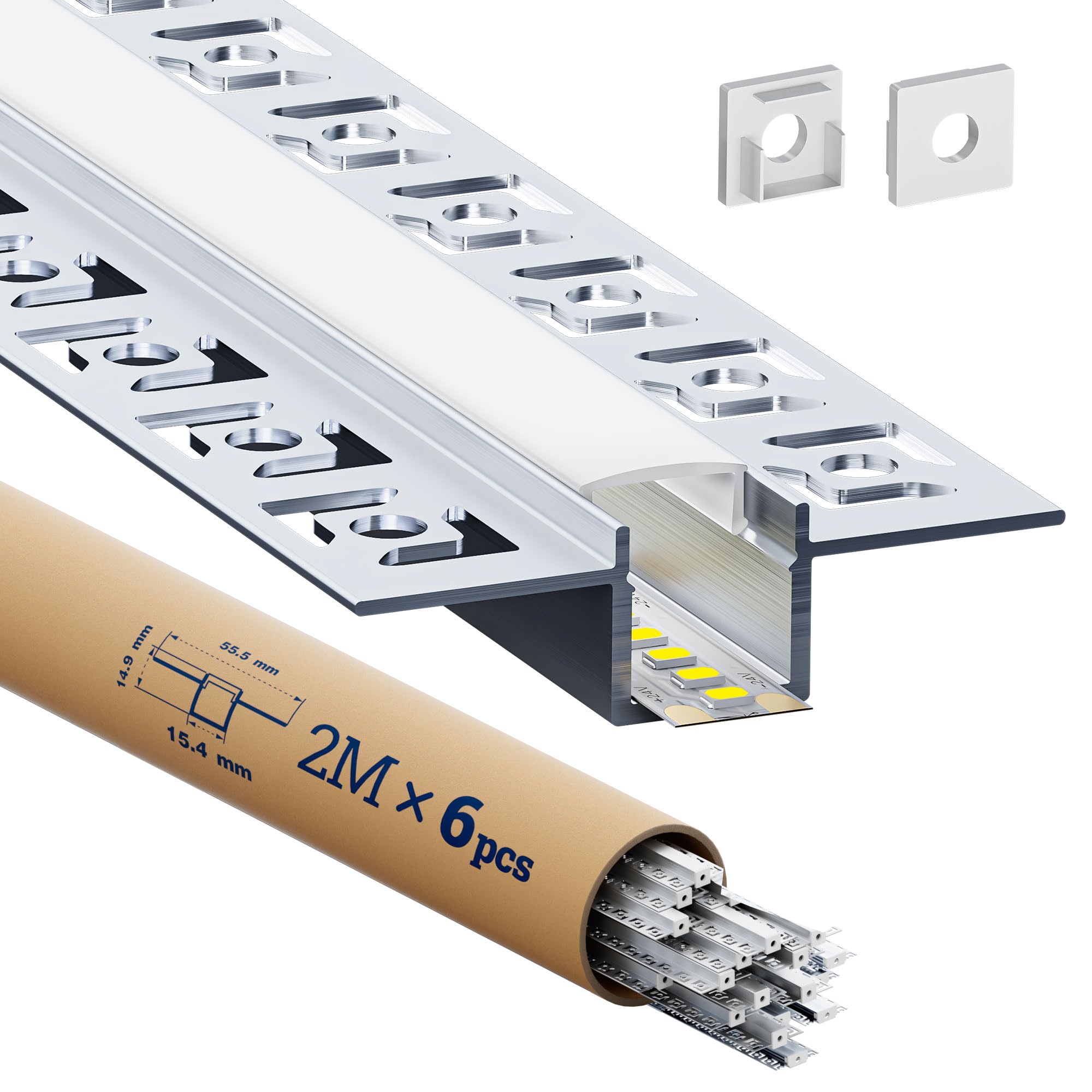 6 profili in alluminio per cartongesso, 2 m, binario da incasso con diffusore per strisce LED fino a 12,6 mm, canale di montaggio per illuminazione indiretta a soffitto