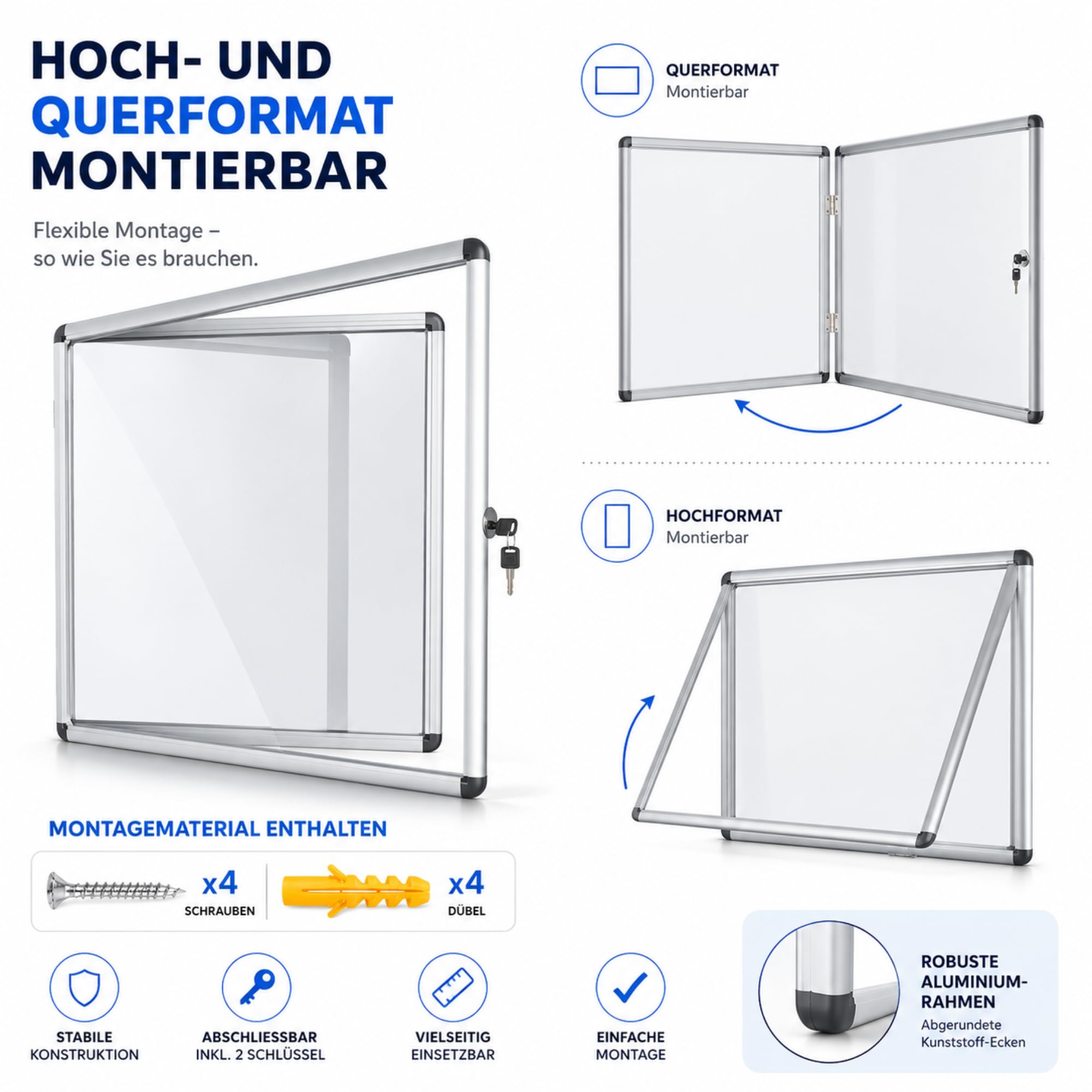 Vitrina exclusiva con material de montaje – Caja informativa – Parte posterior magnética & escribible – Puerta doble con cerradura de cilindro – Marco de aluminio (para 12 x A4)