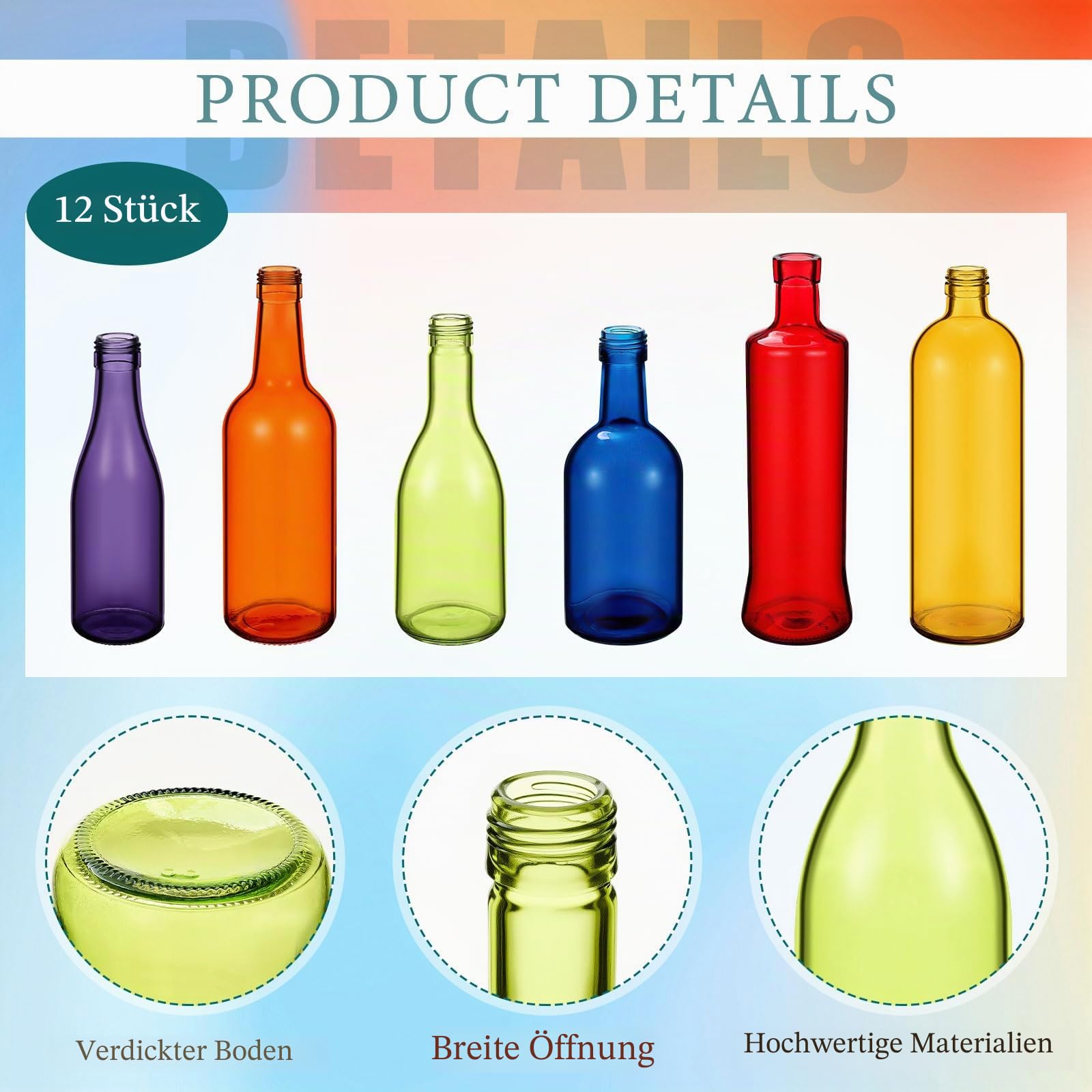 Zhehao 12 farbige Glasflaschen, bunte leere Weinflaschen, dekorative Glasflasche für Flasche, Baum, Garten, Hof, Outdoor, Heimdekoration (dunkles Regenbogenfarben, zylindrisch)