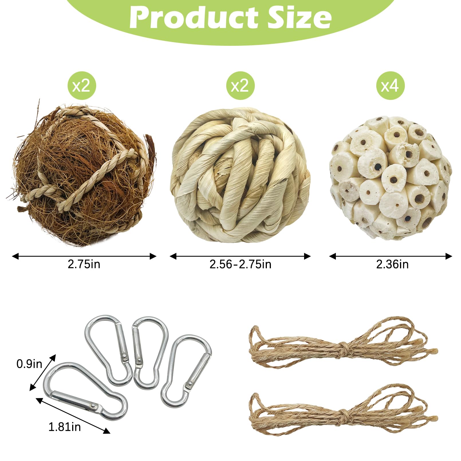 BNOSDM 8PCS Natural Bird Chew Toys Sola Balls Shred Toy Lightweight Conure Foot Toy Interactive Parrot Foraging Toys Bird Chew Balls with Hemp Rope Hook for Budgies Cockatiels Parakeets Senegal - image 2