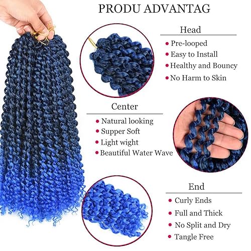 Miniatura 4 de 6 paquetes de cabello Passion Twists de 18 pulgadas, color azul degradado con ondas de agua, cabello sintético de ganchillo Passion Twist,