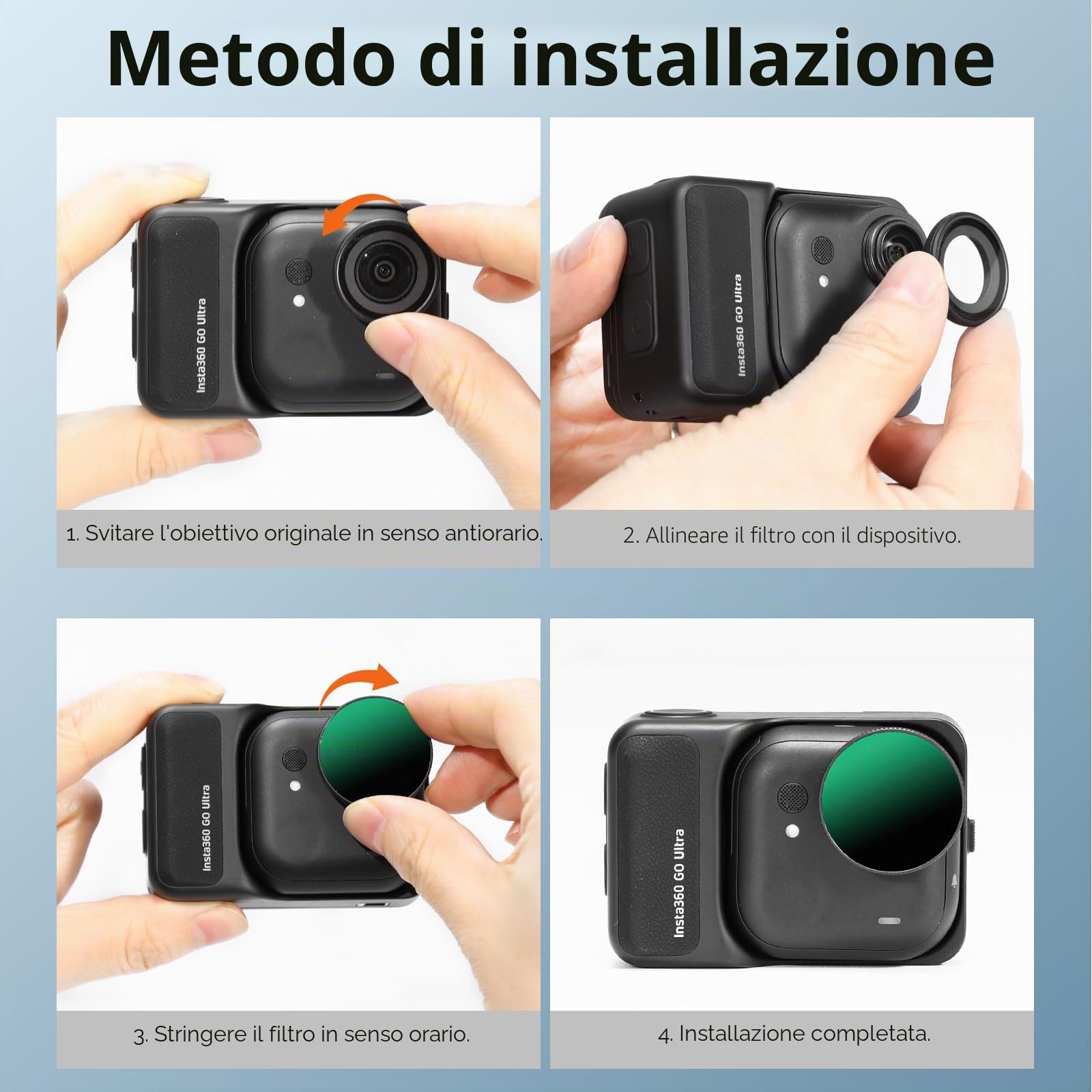 AMAZEAR ND & CPL - Set di filtri per obiettivi Insta360 Go Ultra, Insta 360 Go Ultra – ND8+ND16+ND32+CPL | Confezione da 4 pezzi | Vetro ottico | HD | oleorepellente | Facile da montare