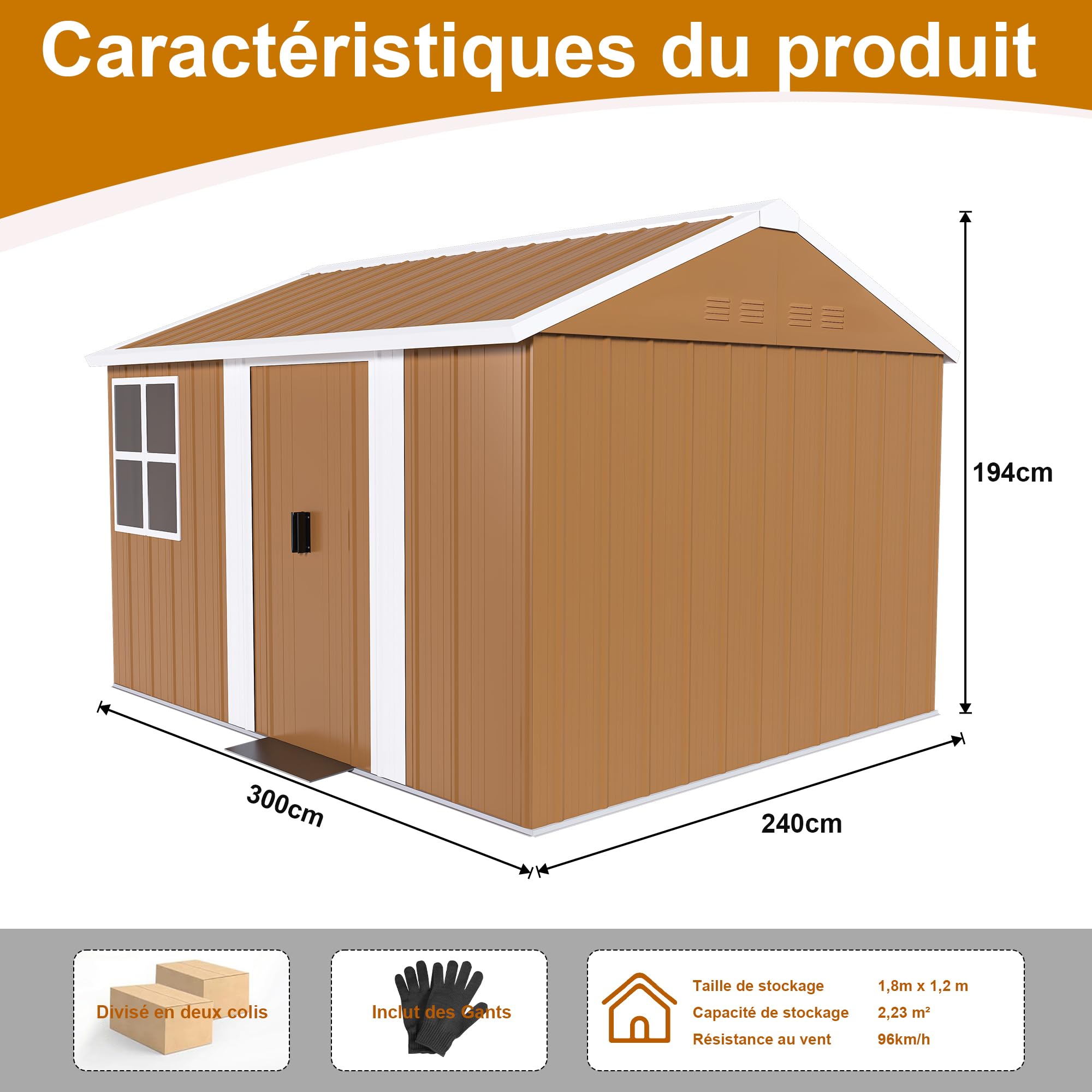 Azkoeesy Capanno Giardino Acciaio 184x116 / 300x240 / 360x298 cm, Metallico Impermeabile con Finestre - Porta Serrabile - Ventilazione, Senza Base, per Attrezzi e Biciclette (300x240 cm)