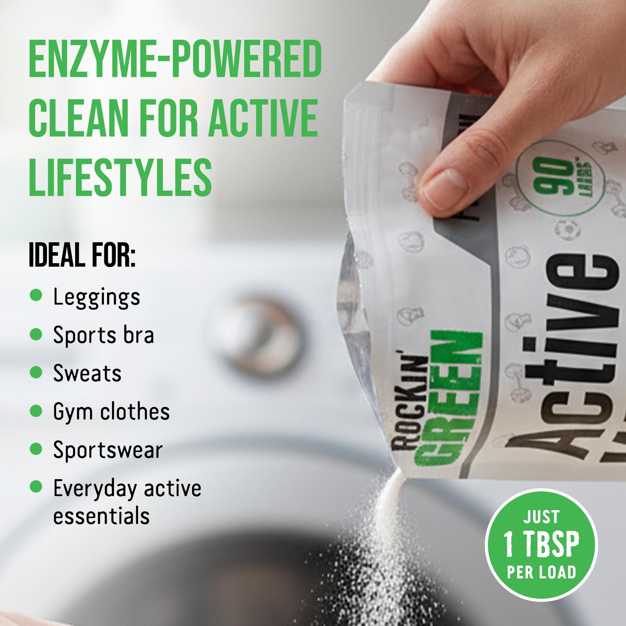 Rockin' Green | Detersivo per bucato Active Wear | 1.275,7 g/90 carichi, tutto naturale, biodegradabile ed ecologico
