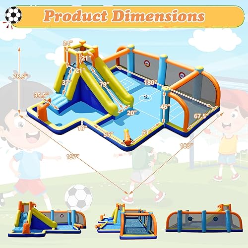 Miniatura 8 de HONEY JOY Tobogán acuático inflable, parque acuático gigante de fútbol con objetivos para exteriores, piscina de chapoteo, escalada, toboganes