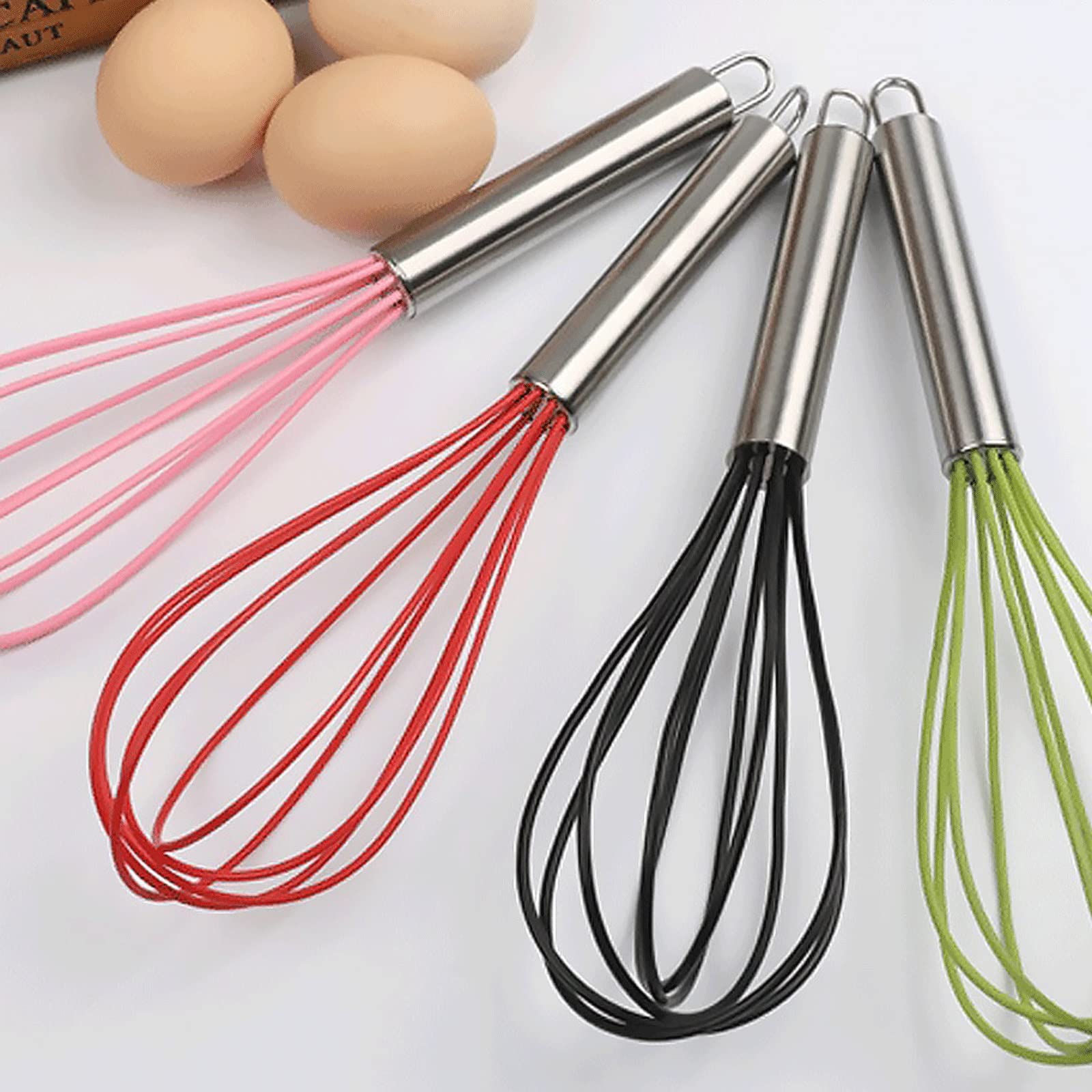 Batidor manual de huevos, batidor de huevos de acero inoxidable de silicona, batidor de crema, batidor de globos, herramienta de huevo estilo bobina (rosa)