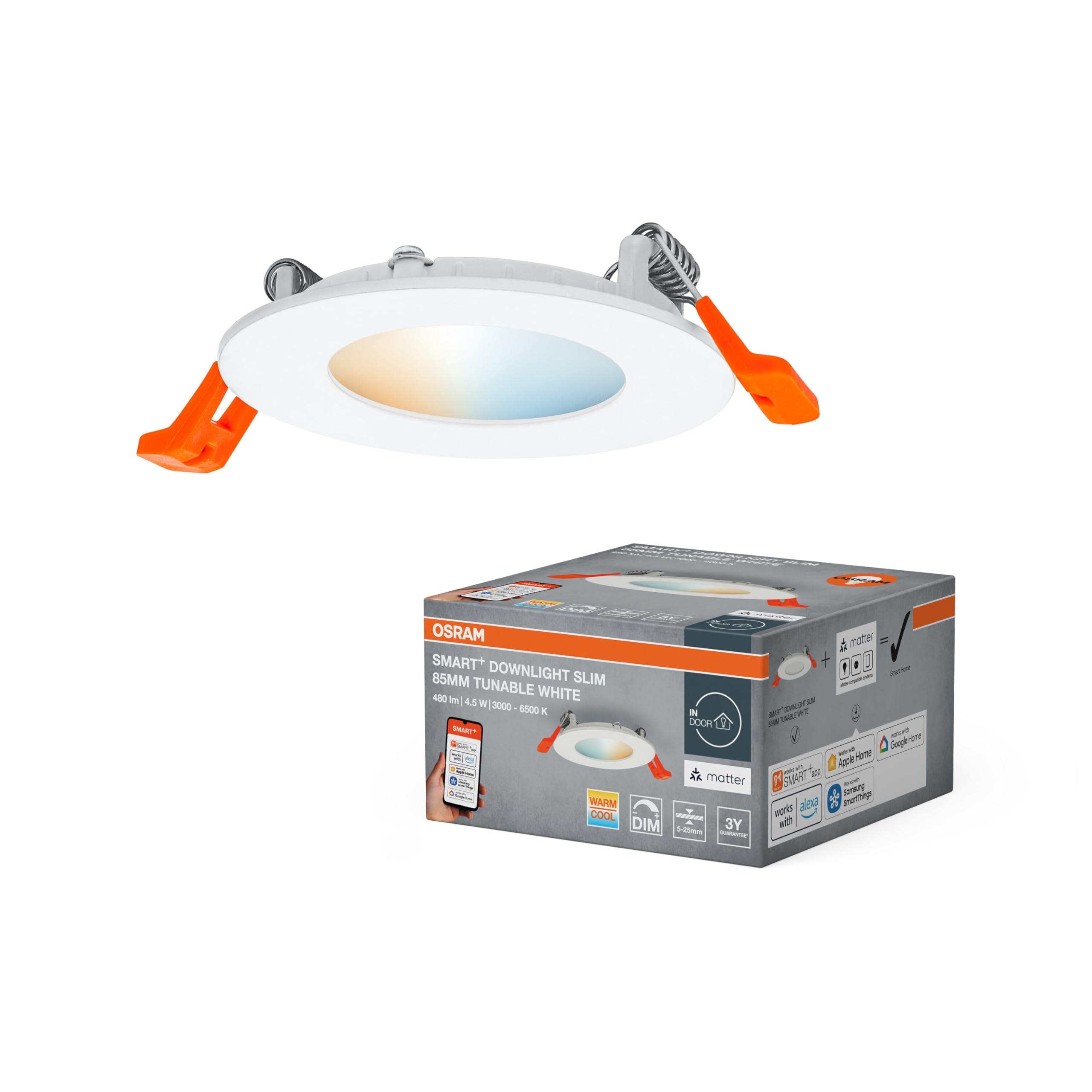 OSRAM SMART+ Matter Recess Slim LED Downlight Biały 85mm, 4. 5W, 240lm, TW 3000-6500K, Matter WiFi, Alexa, Wpuszczany