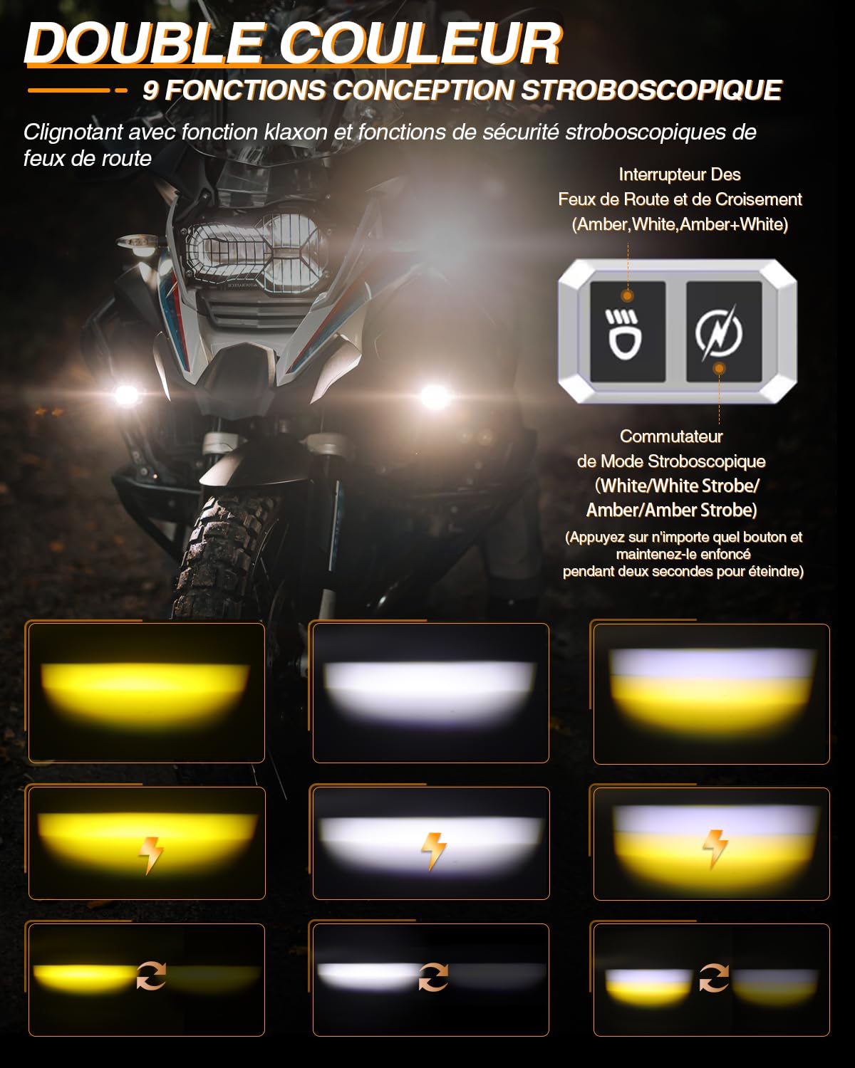 BraveWAY 60 W 18000 LM Luci aggiuntive Moto Faro Migliorato LED Ausiliario Antinebbia Bianco Ambra Impermeabile 9 Modalità Stroboscopiche Kit di Cablaggio Plug and Play e 2 Supporti di Montaggio