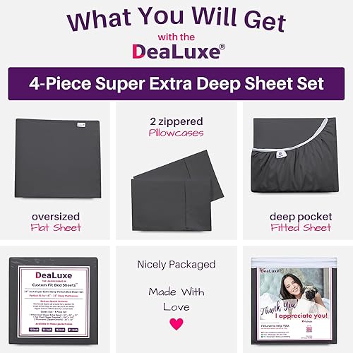 Miniatura 87 de Juego de sábanas de tamaño matrimonial – Juego de sábanas de bolsillo profundo – Juego de 4 piezas con sábana bajera de 21 pulgadas, sábana encimera