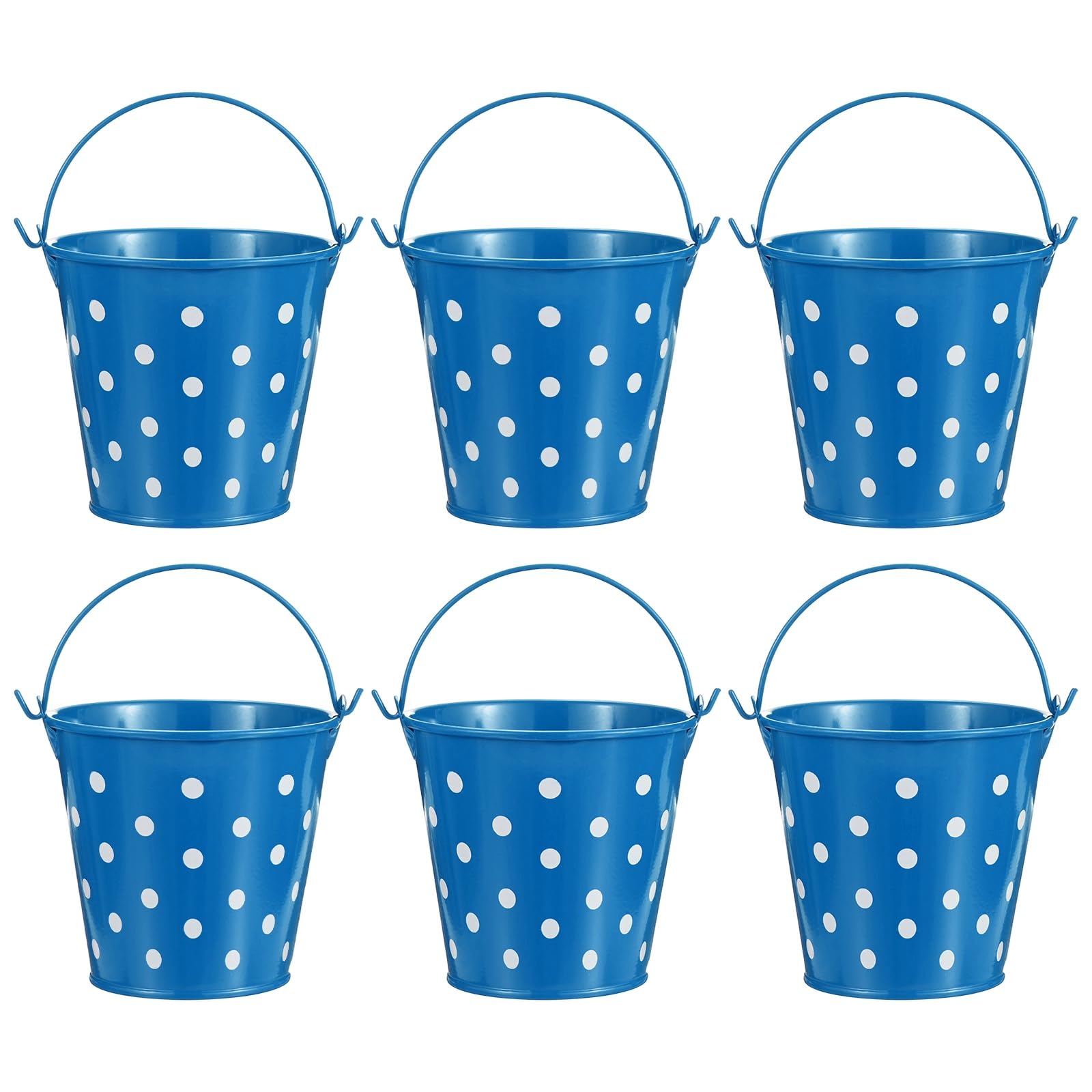 M METERXITY 6-Pack Small Metal Bucket with Handle, 3.9 x 3.5 Inch Iron Mini Buckets for Farmhouse Flower/Garden Planters/Decorative Table Centerpieces [Polka Dots, Deep Blue]