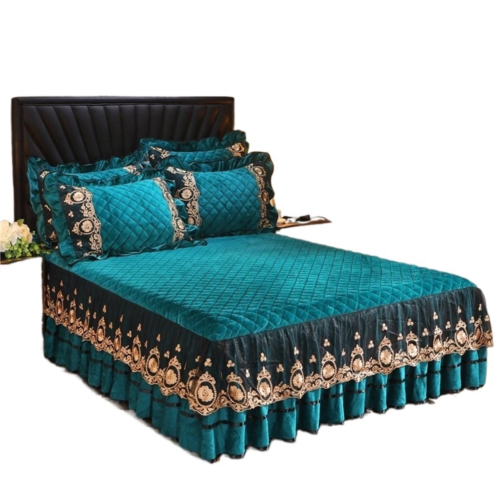 Lace Bed Skirt Bedspreads Bedding Thicken Velvet Plush Quilted Embossing Spread For Home(Color-07,2 Pillowcase 48x74cm)
