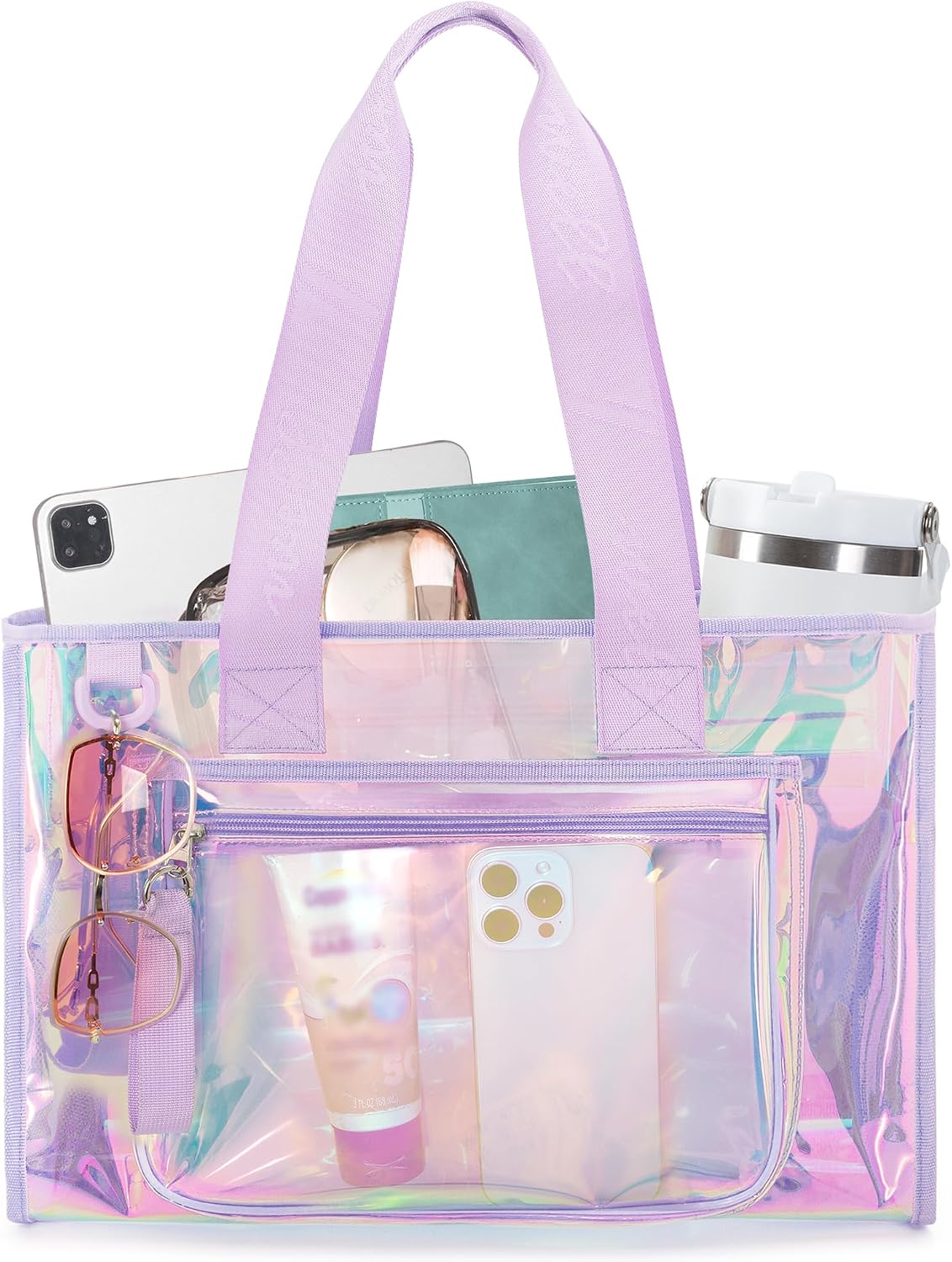 Yarwo Clear Bag for Stadium Events 16.9" x 7.3" x 11.8", Large Iridescent Tote Bag with Multi-pockets and Reinforced Strap for Travel Work Concerts Baseball Golf Football Basketball Stadium Events