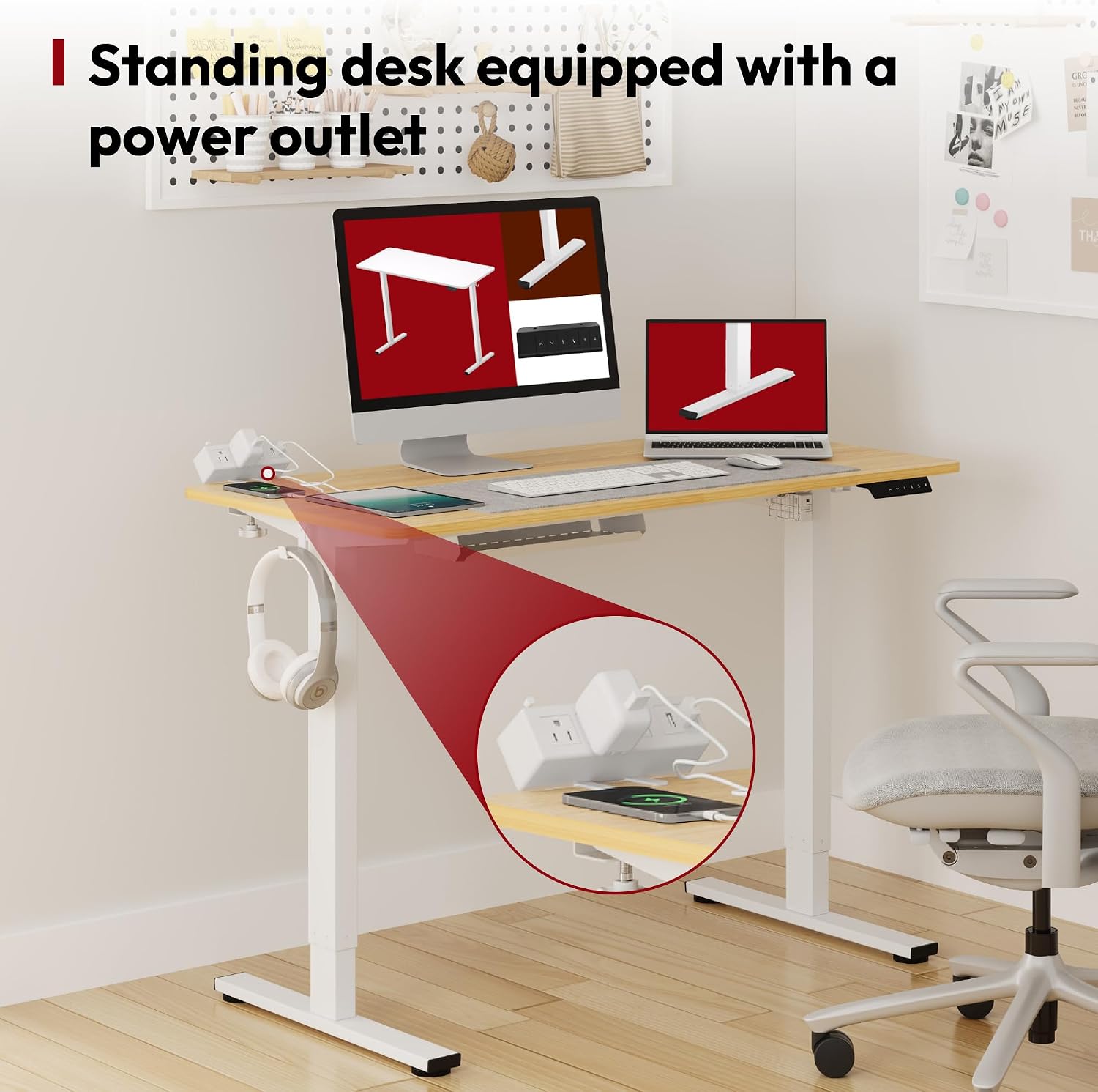 Close-up of the desk clamp power strip with USB and AC outlets.