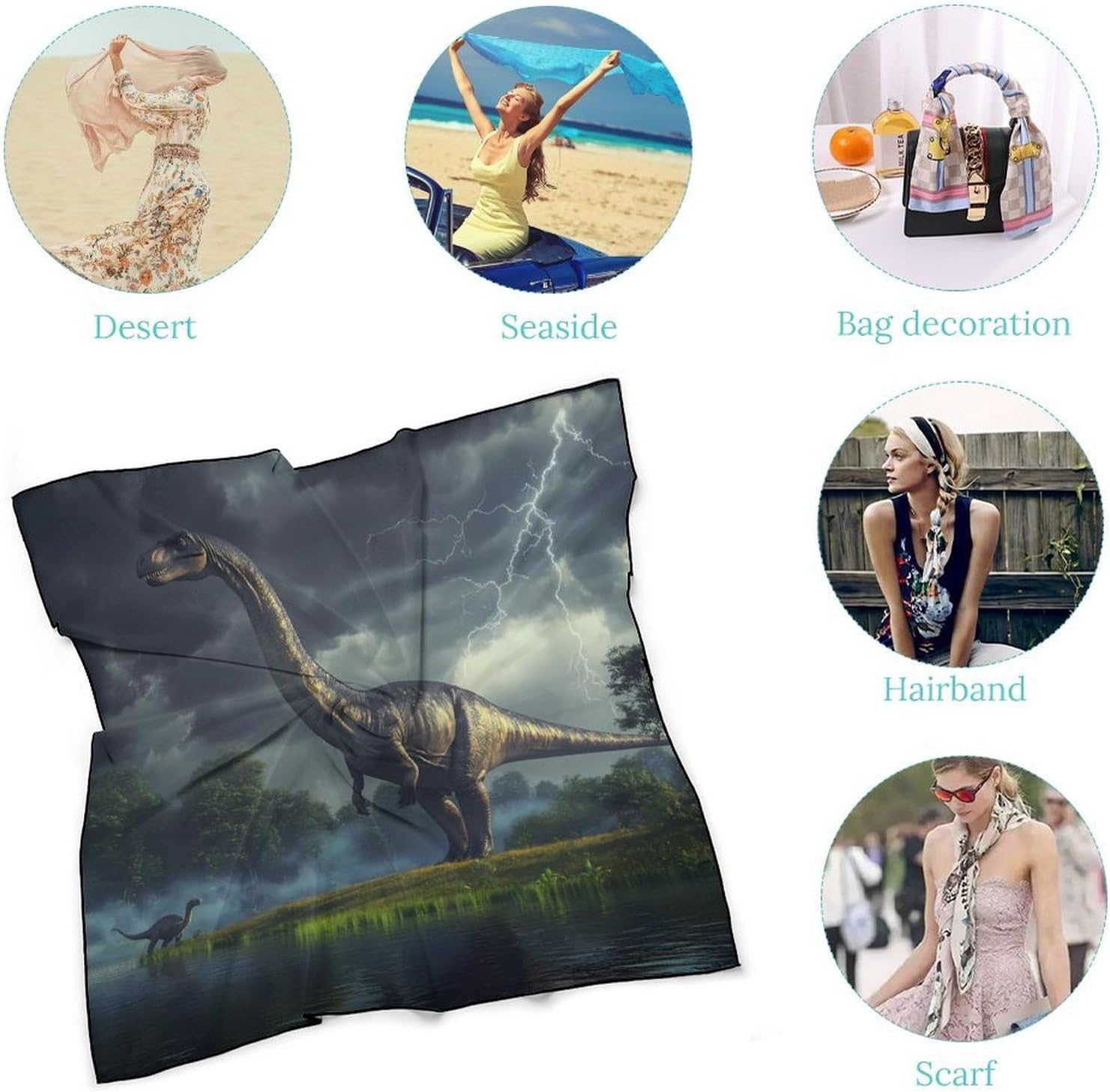 Brachiosaurus Dinosaur Silk-Like Square Scarf for Women Vintage Printed Neck Scarf Bandanas Hair Scarves