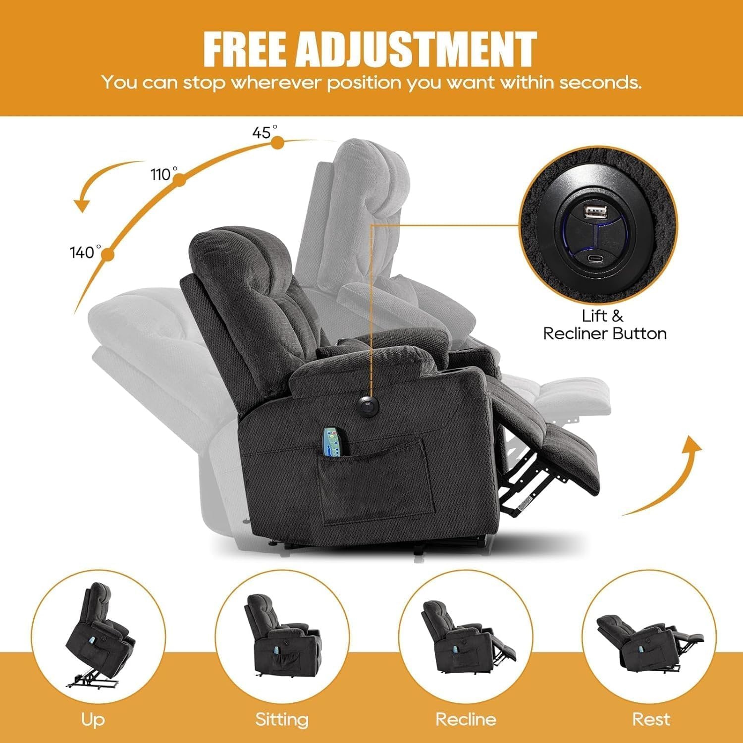 Recliner Sofa with Oversized Power Lift, Heat and Massage, Genuine Leather Upholstery, Remote Control, USB Charging Ports, Cup Holders, and Infinite Position Recline Chair