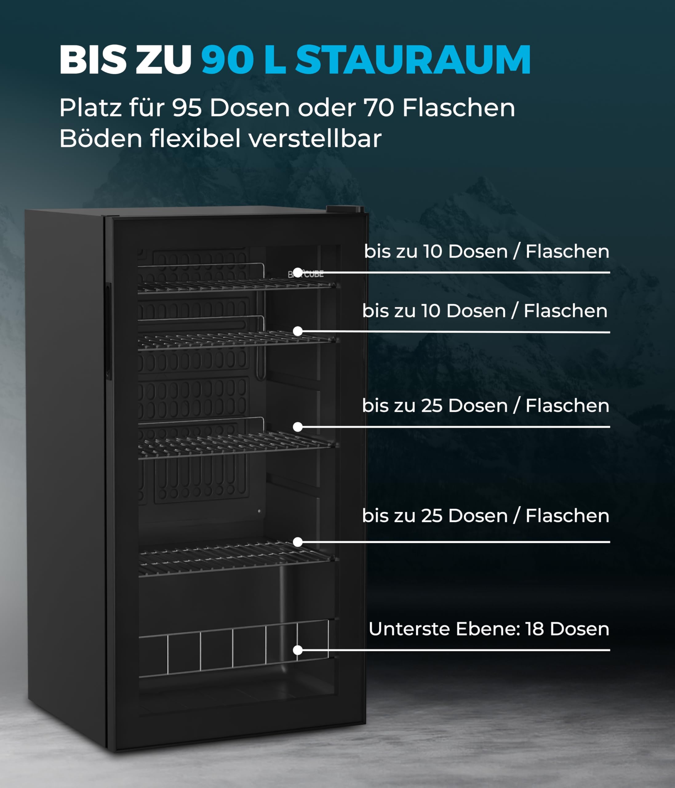 °CUBES BAR°CUBE 90L Getränkekühlschrank mit Glastür LED leiser Mini-Kühlschrank für Dosen Flaschen 4 Ablagen Schwarz