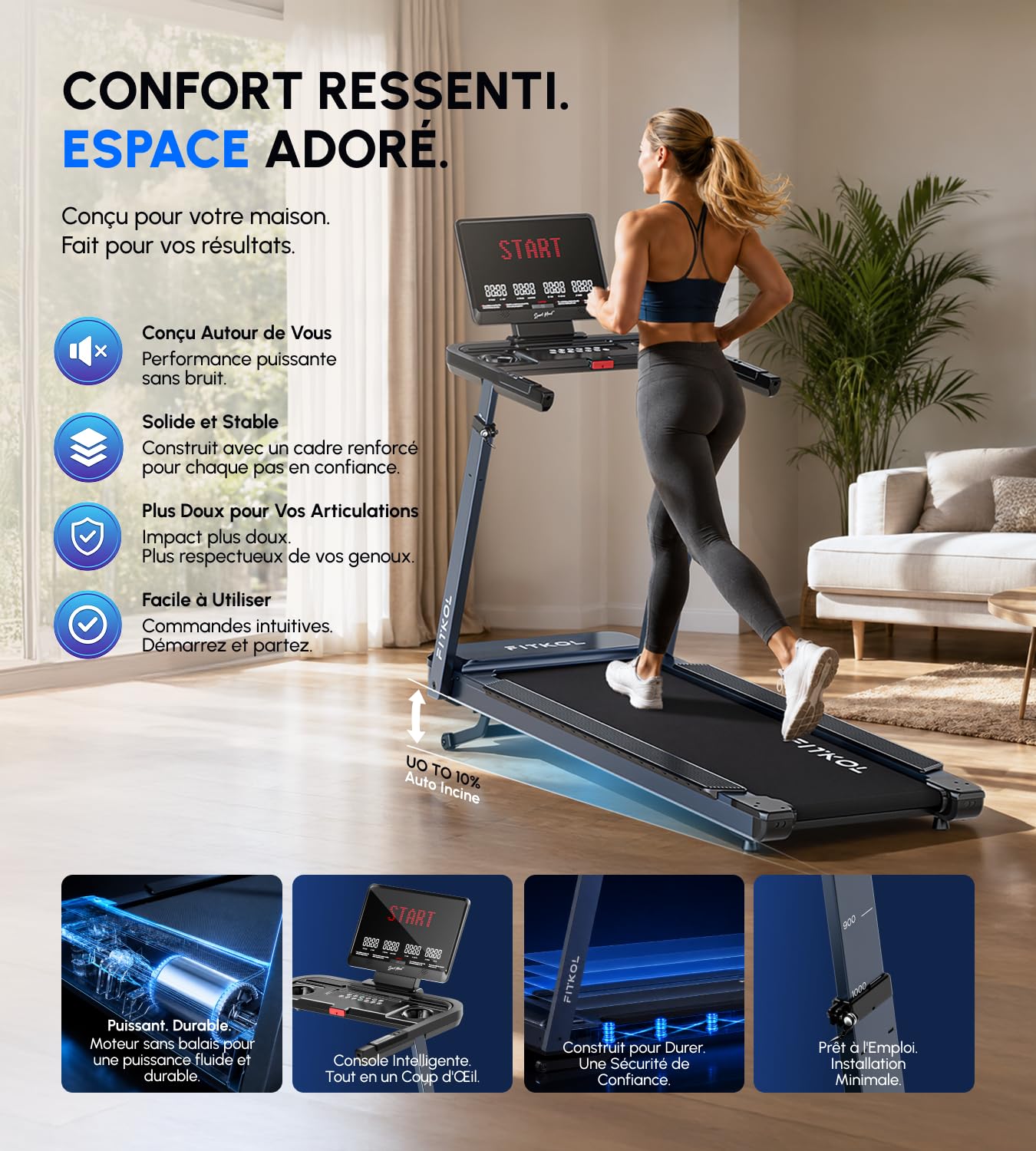Tapis de Course Adaptatif IA - Vitesse et Inclinaison Automatiques, Coach IA en Temps Réel, Contrôle Cardiaque Intelligent, Moteur 5,0 HP, Charge Max 200 kg, pour Débutants
