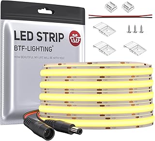 BTF-LIGHTING FCOB COB Flexible High Density Uniform Light LED Strip 9W/m 16.4FT DC12V Warm White 3000K CRI 90+ 8mm Width Dimmable LED Ribbon for Indoor Decoration(No Adapter or Controller)
