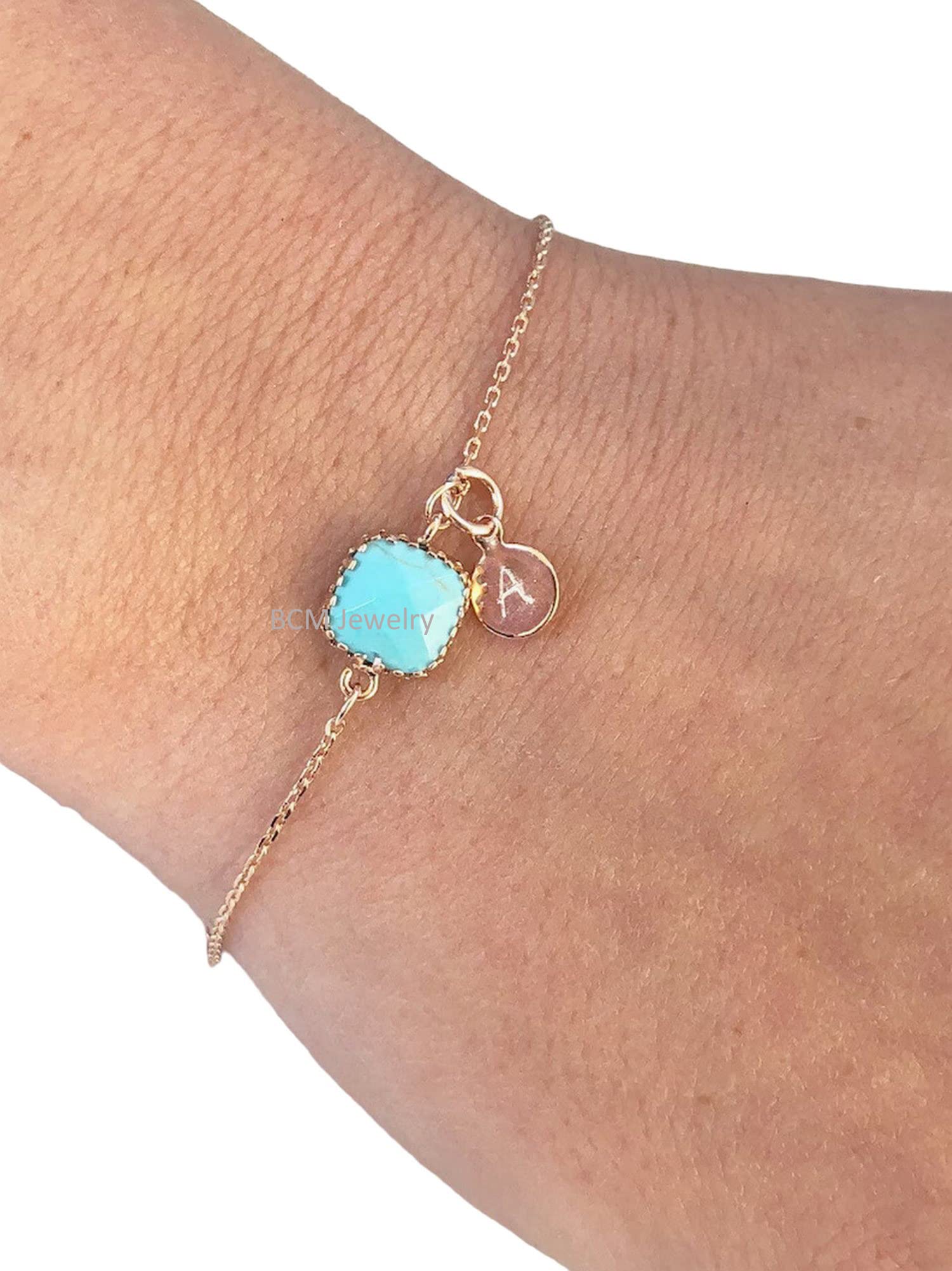 Pulsera de oro rosa de 14 quilates con superposición de plata de ley maciza con una inicial para mujeres, hombres y niñas, joyería de pulsera turquesa