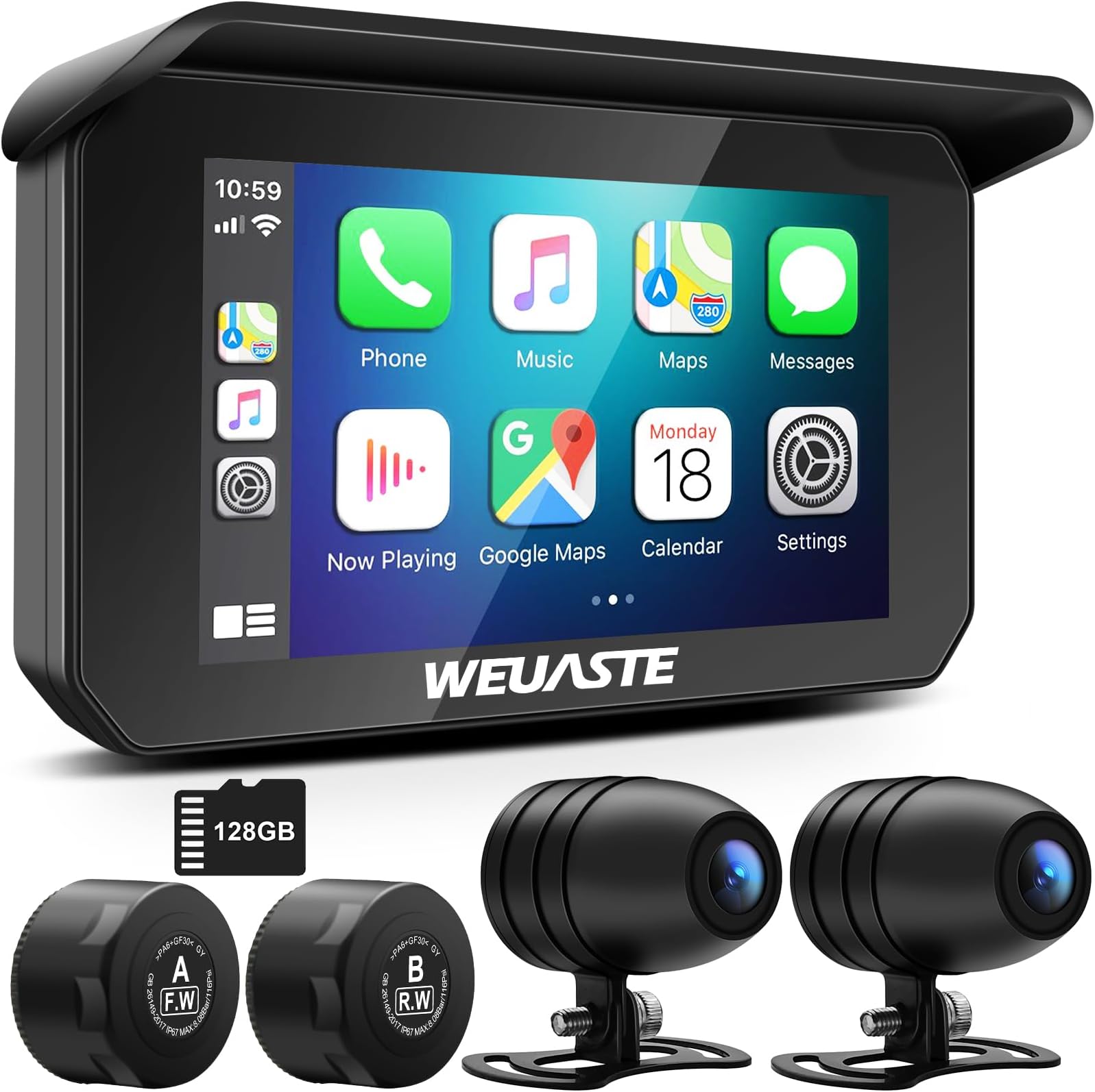 Portable Motorcycle DVR, Wireless Apple Carplay & Android Auto GPS Navigation, 5 Inch IPS Waterproof Touchscreen