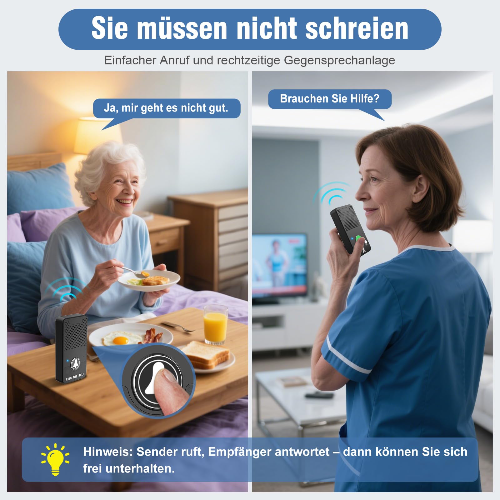 ChunHee Alarma Interna de Emergencia para Personas Mayores, 150 m, SOS para Personas Mayores, Paciente, Volumen Mayor, Nivel 8, batería de Larga duración, intercomunicador | Audio de 2 vías, sin wifi, sin cuota mensual, IPX5, 4 tonos de llamada, 8 volúmen